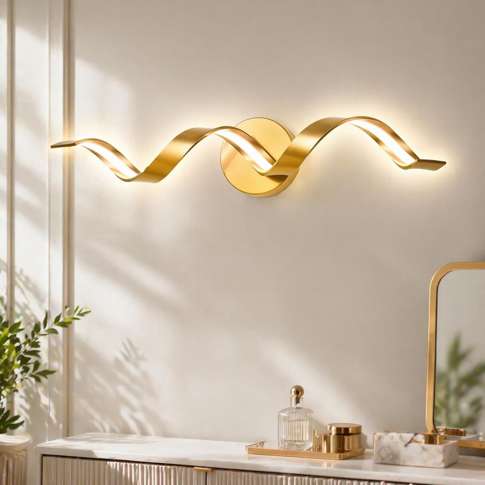 TEINIE 24-Inch Curved Gold LED Bathroom Vanity Light Over Mirror Modern Wall Sconce with Matte Black Base and Acrylic Shade for Living Room Hallway