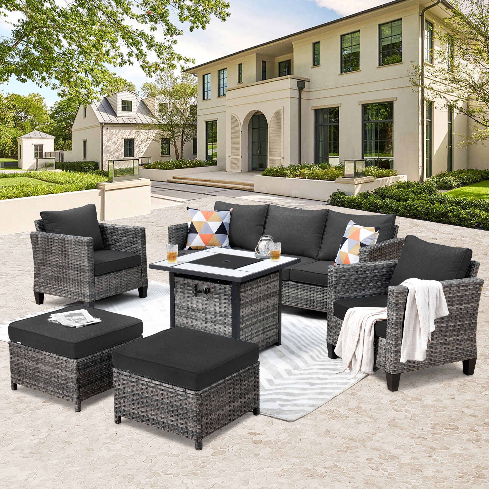 Pouuin 6-Piece Rattan Patio Conversation Set with Gray Cushions in the ...