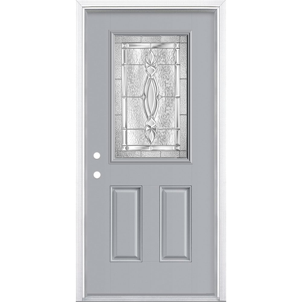 Masonite 3422006 Panama 36-in x 80-in x 4-9/16-in Fiberglass Half lite Right-hand inswing Infinity Gray Painted Prehung Front Door with Brickmould Insulating core