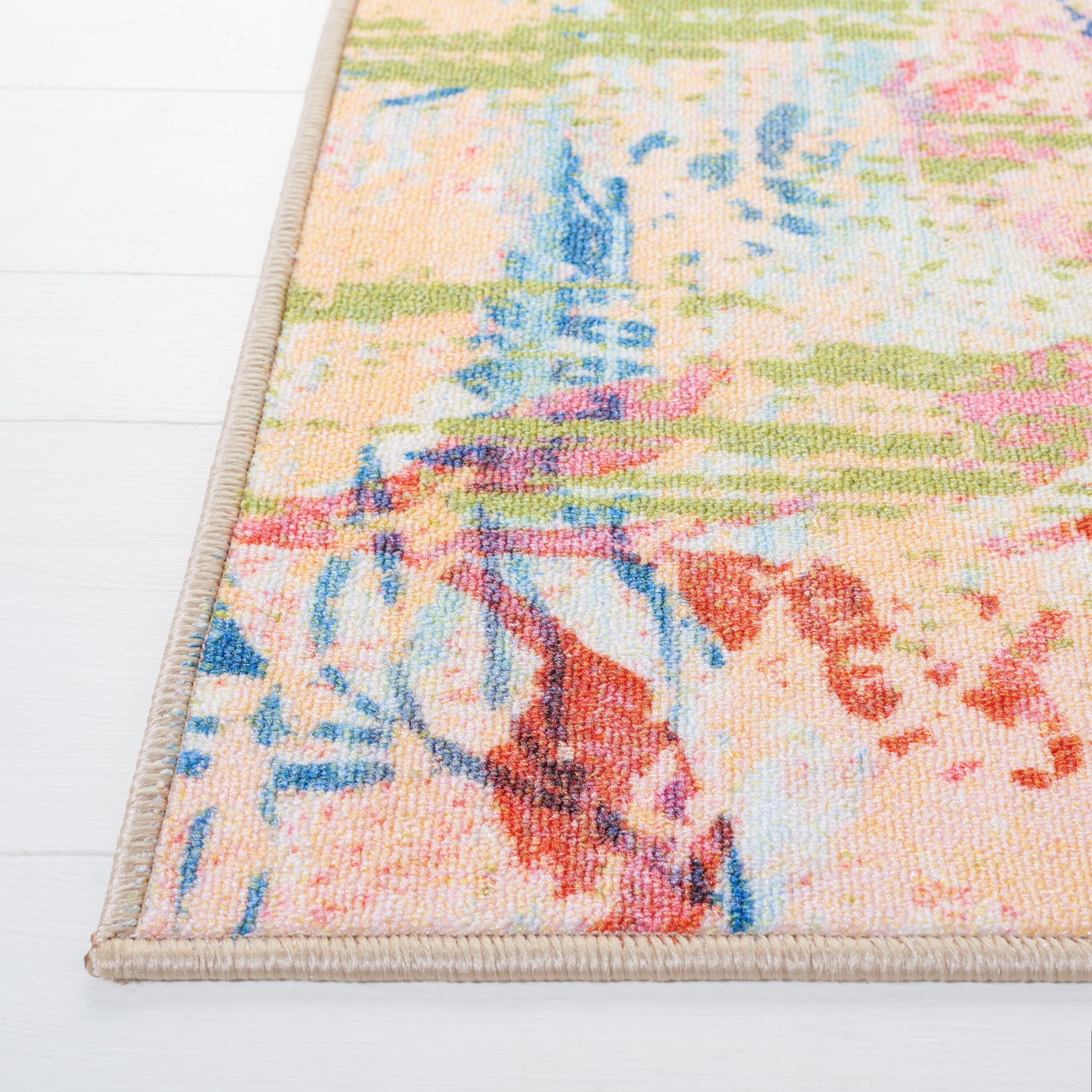 Blue and Pink Abstract Floral Machine Washable Area Rug