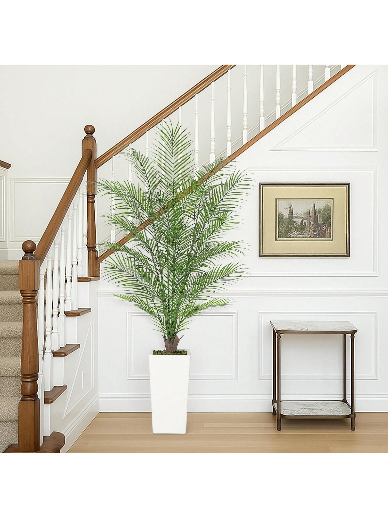 Qeetex PHK-33YFR7KQ-HF4 5FT Artificial Palm Tree - Fake Tree with White Tall Planter - Faux Tropical Areca Floor Plant in Pot - Artificial Silk Plant for Home Office Living Room Decor Indoor