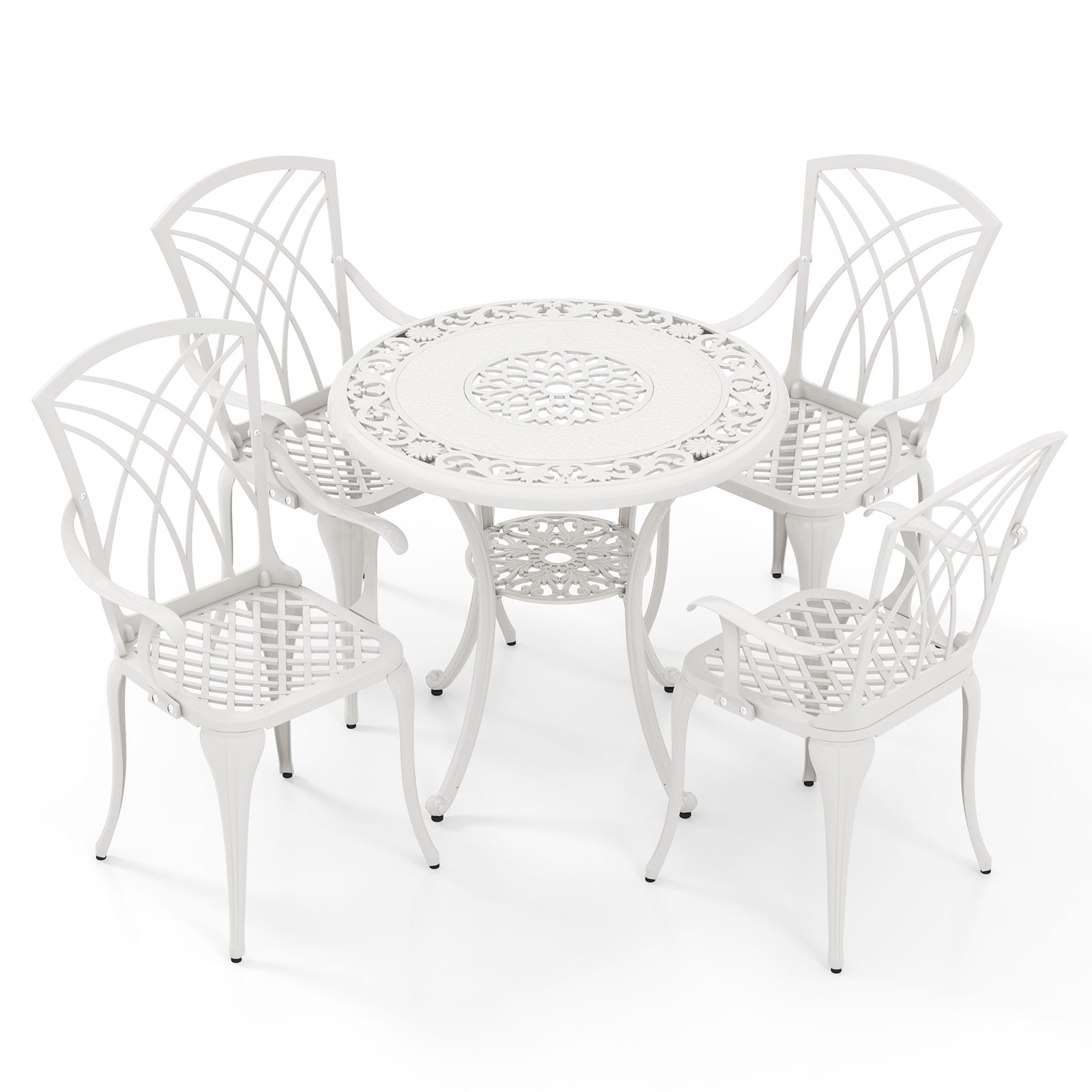WELLFOR OUZ66226 HY 5 -Piece White Patio Dining Set Aluminum Round Table with 4 Stationary Chairs