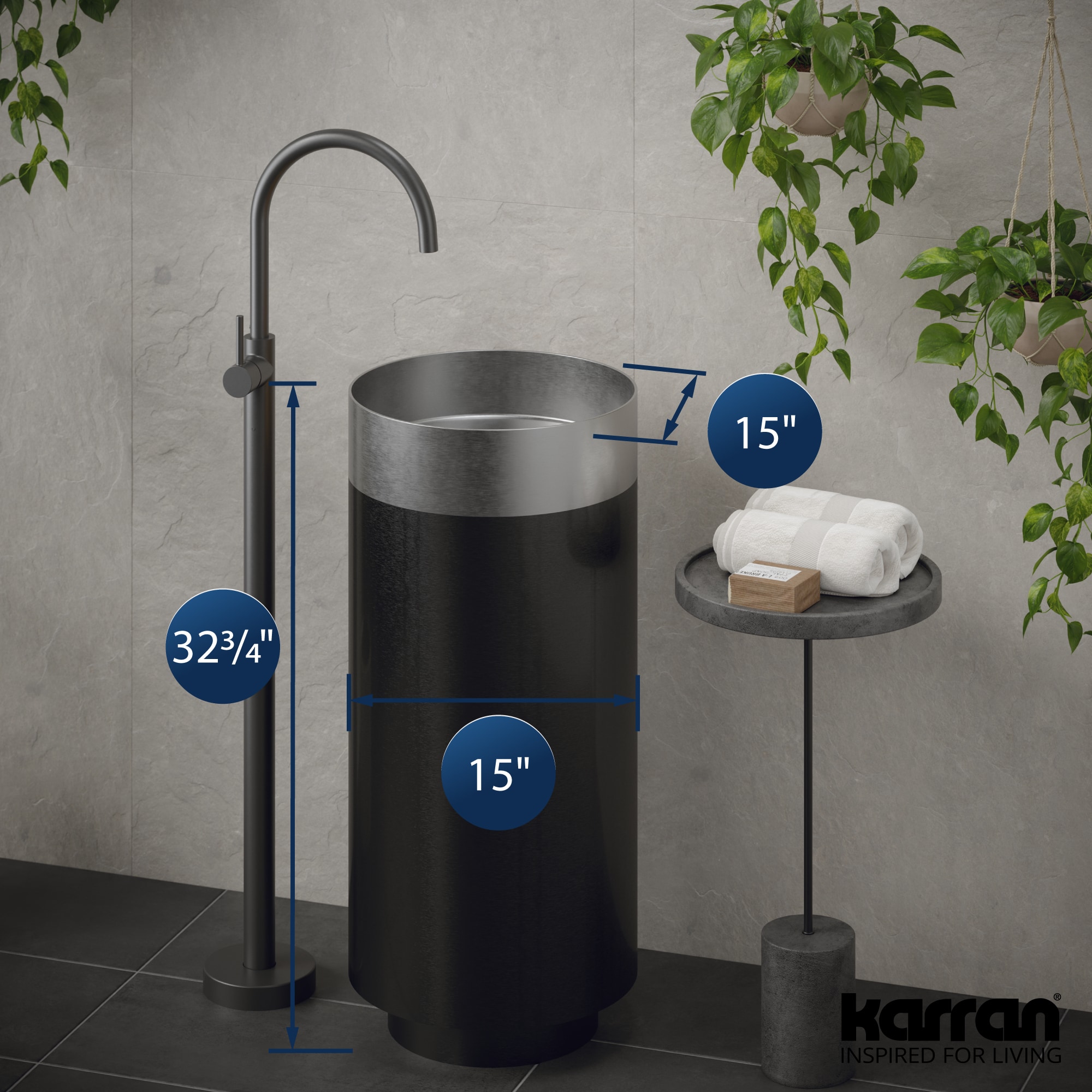 Karran 15'' Stainless Steel and Gunmetal Grey Pedestal Sink