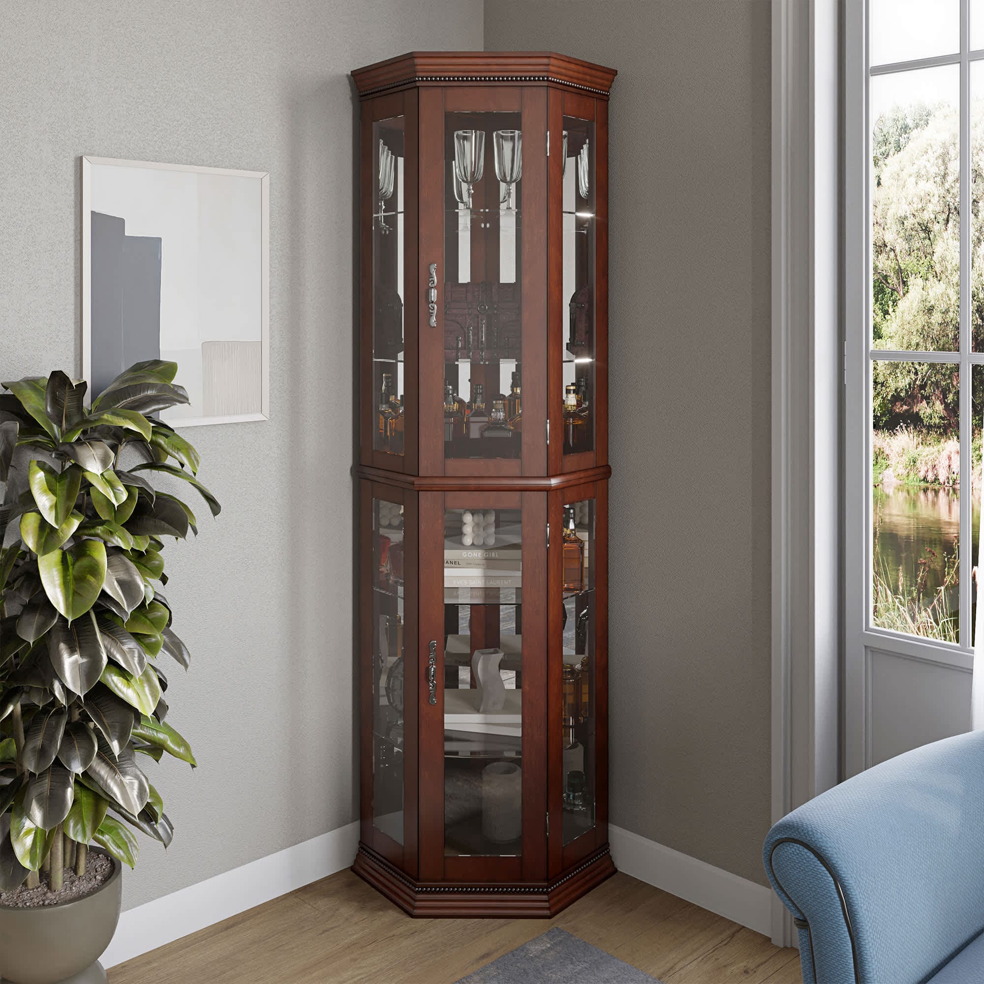 Belleze 014-HG-43504-WA Lighted 3 Side Glass Display Curio Cabinet with Tempered Glass Doors and Shelves Walnut