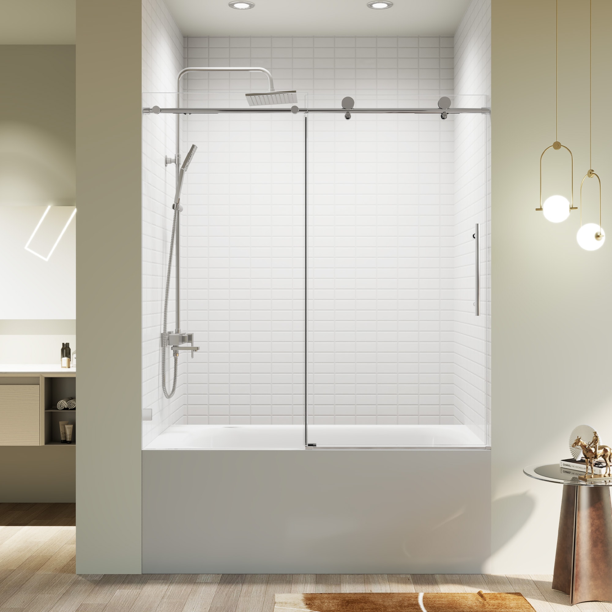 Afhocomp - Chrome 56-in to 60-in W x 60-in H Frameless Clear Glass Sliding Bathtub door