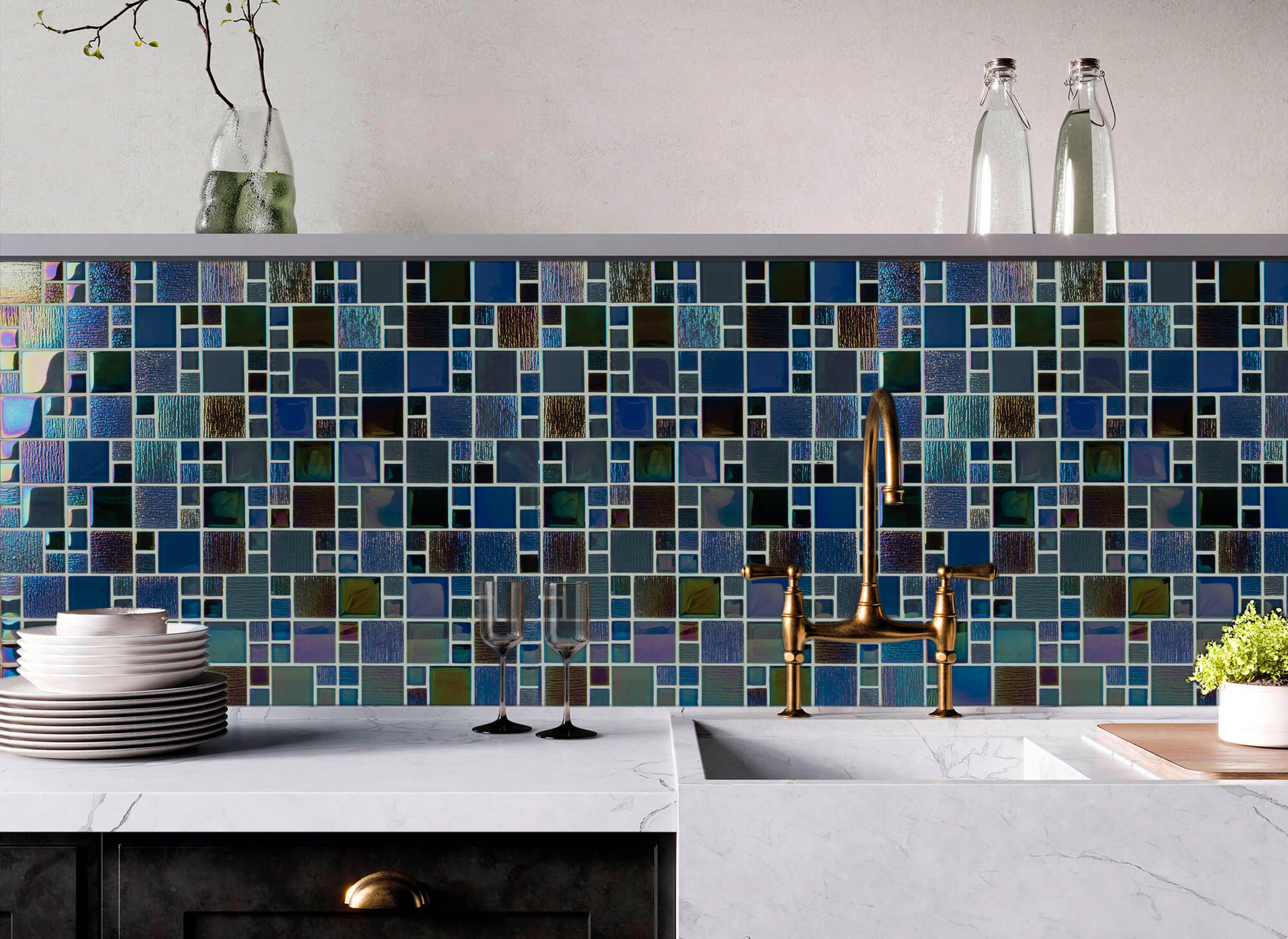 Deep Bayou Iridescent Glass Mosaic Wall Tile, 12-in x 12-in