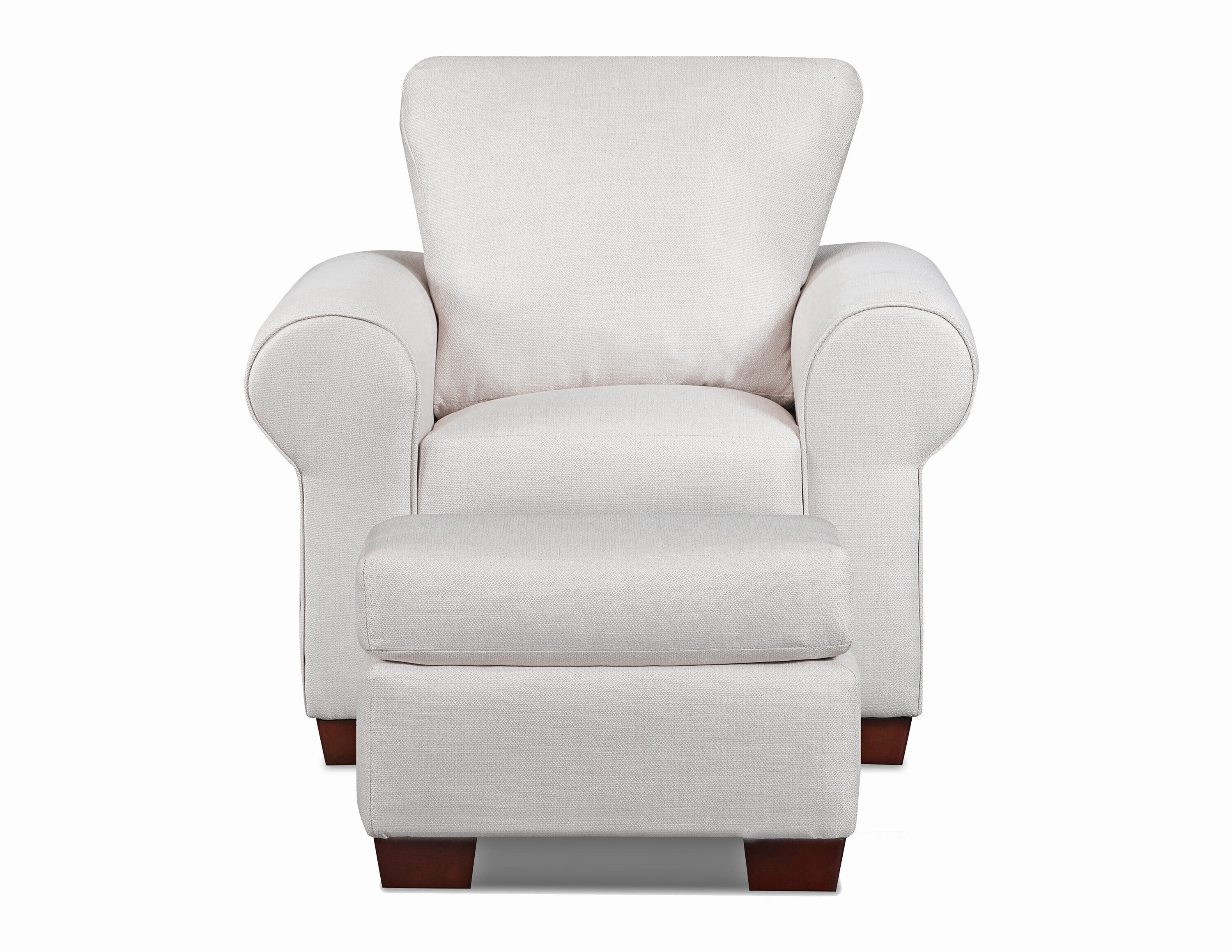 Soft Washed Cream Polyester Tweed Ottoman with Solid Wood Legs