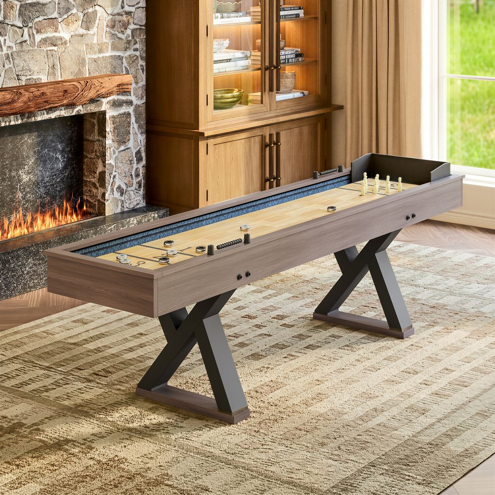 GDFStudio Modern 9FT Shuffleboard Table with 2-in-1 Game Combo and LED Lights - Natural Wood - Natural Brown
