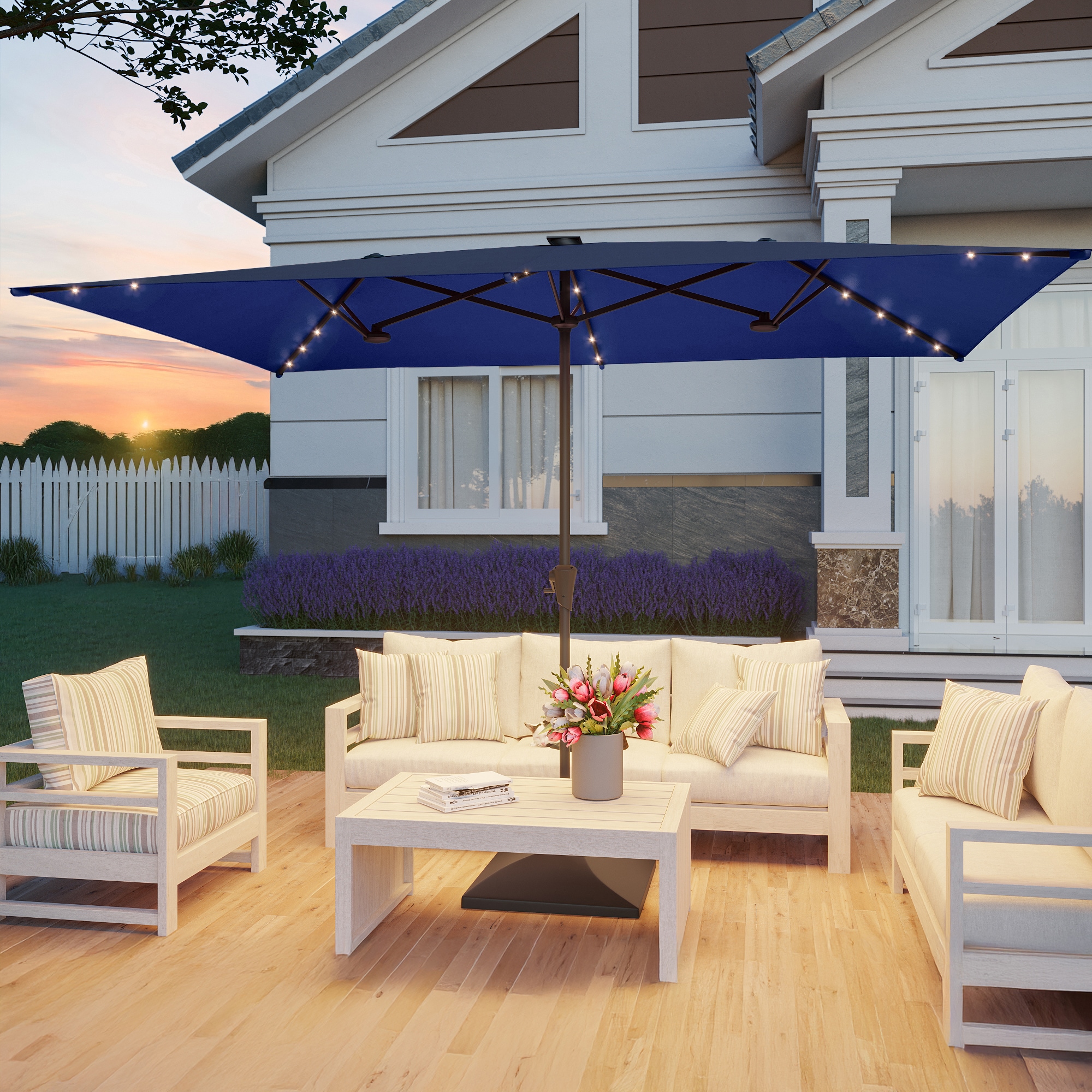 Sonkuki SD-TJLED10WH 6.5-ft Steel Blue No-tilt Market Patio Umbrella with Lights