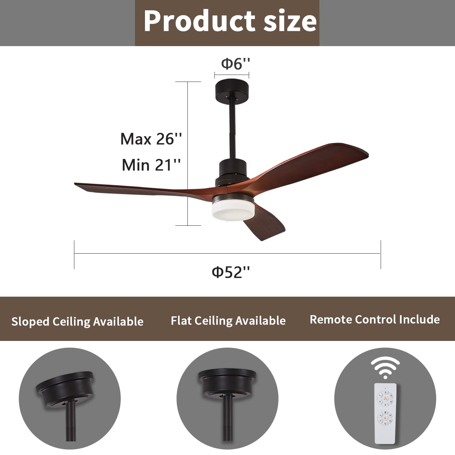 Yardreeze 52 In Black With Wood Blades Led Indooroutdoor Downrod Or Flush Mount Ceiling Fan 4331