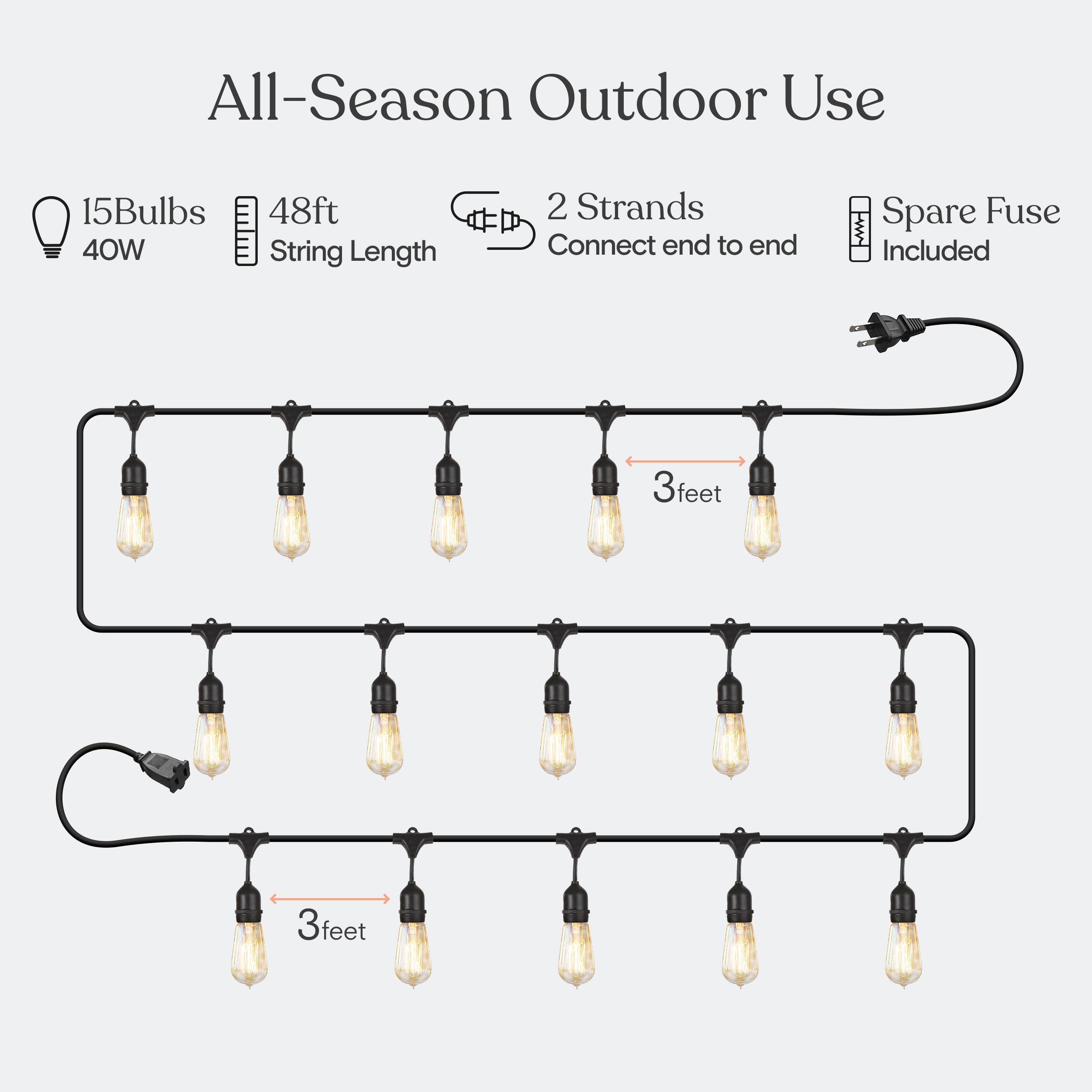 Brightech 48ft Black Outdoor Incandescent Globe String Lights