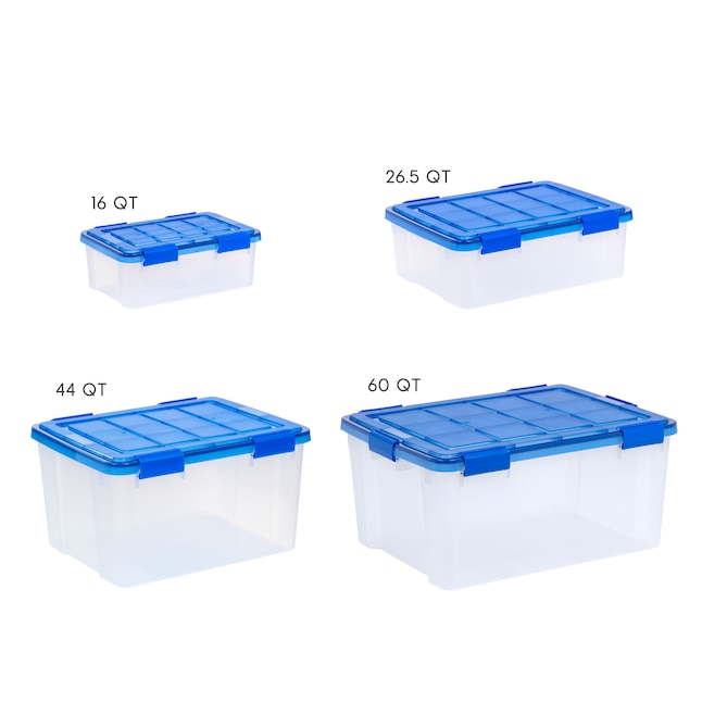 Iris 15 Gallon Clear Plastic Storage Boxes with Blue Lid, Pack of 4