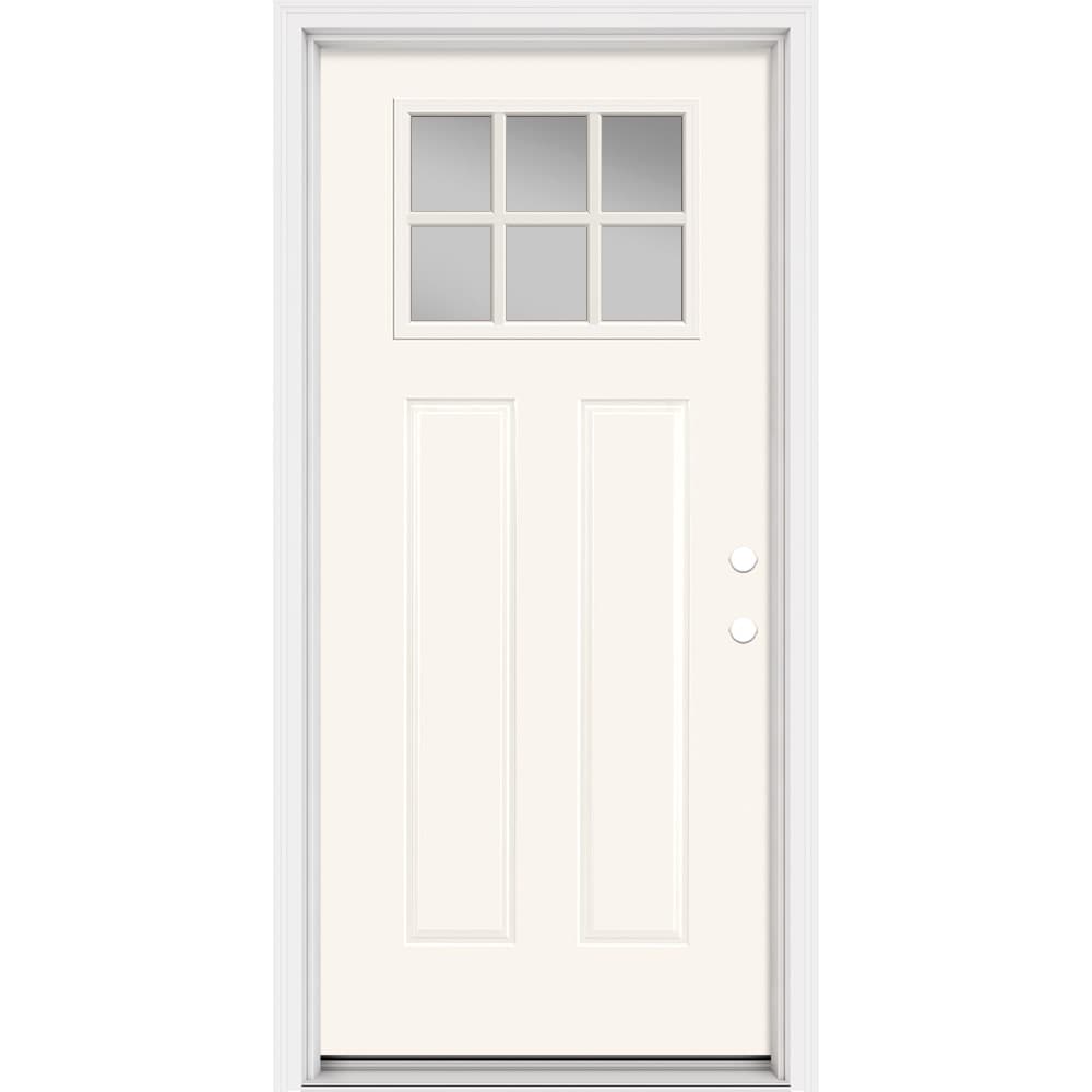 Masonite 321254 Steel Doors Series 36-in x 80-in x Steel No glass Left-hand inswing Modern White Painted Prehung Front Door with Brickmould Insulating core