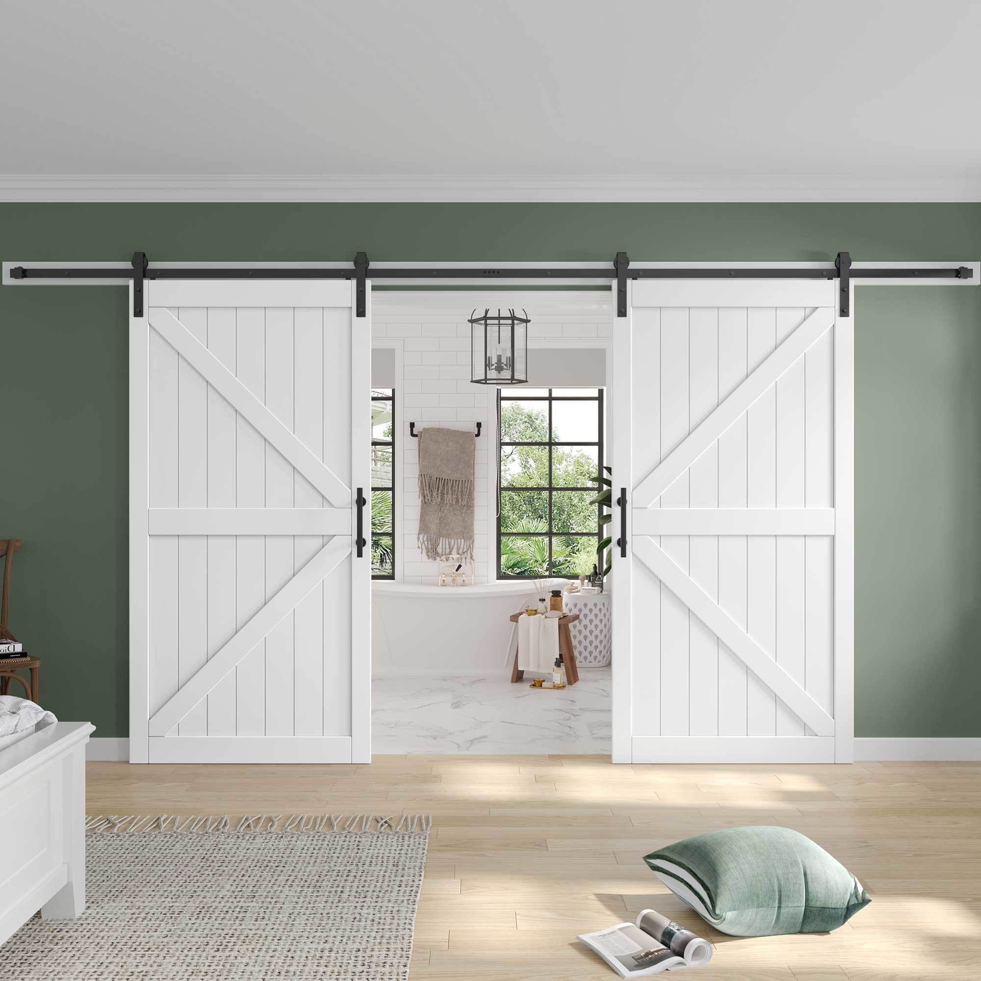 Fredbeck 84-in x 84-in White K-frame Smooth Solid Core Finished MDF Wood Assembly Required Double Barn Door (Hardware Included)