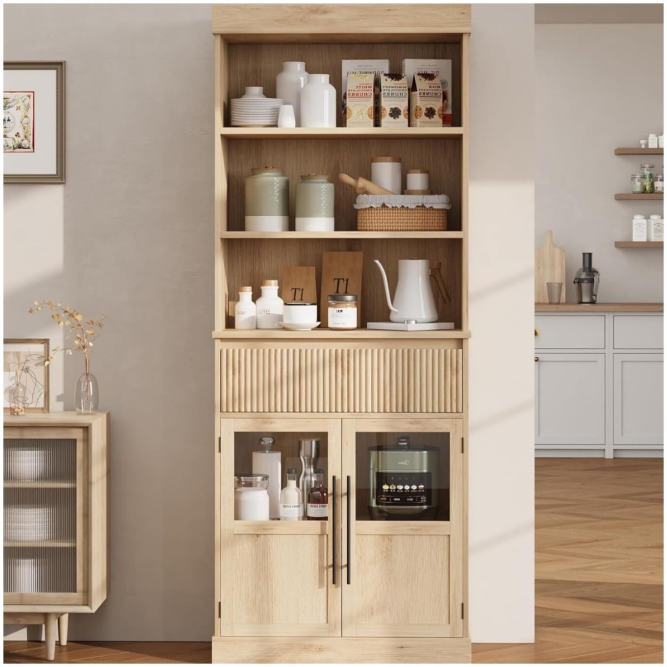 Garvee Farmhouse Storage Cabinet Glass Door Display Cabinet with a Drawer Freestanding Kitchen Pantry Cabinet with 3 Tier Open Shelves Wood Bookshelf for Kitchen Bathroom Living Room -Natural