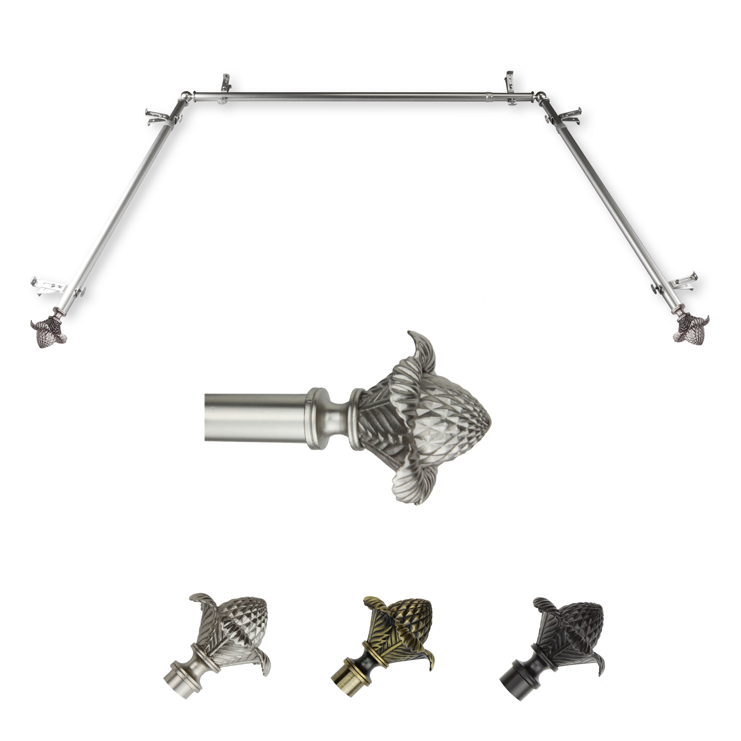 Hart & Harlow LO-ABAY-40-5 72-in to 144-in Satin Nickel Steel Bay window curtain rod with Finials