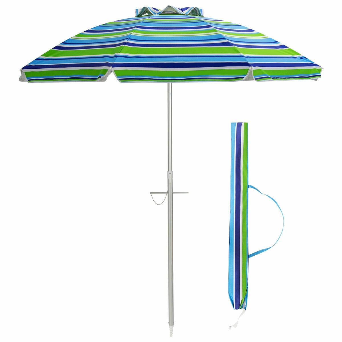 Folded Beach Umbrella with sand anchor Tilt Portable Silver Coating Color Stripe 