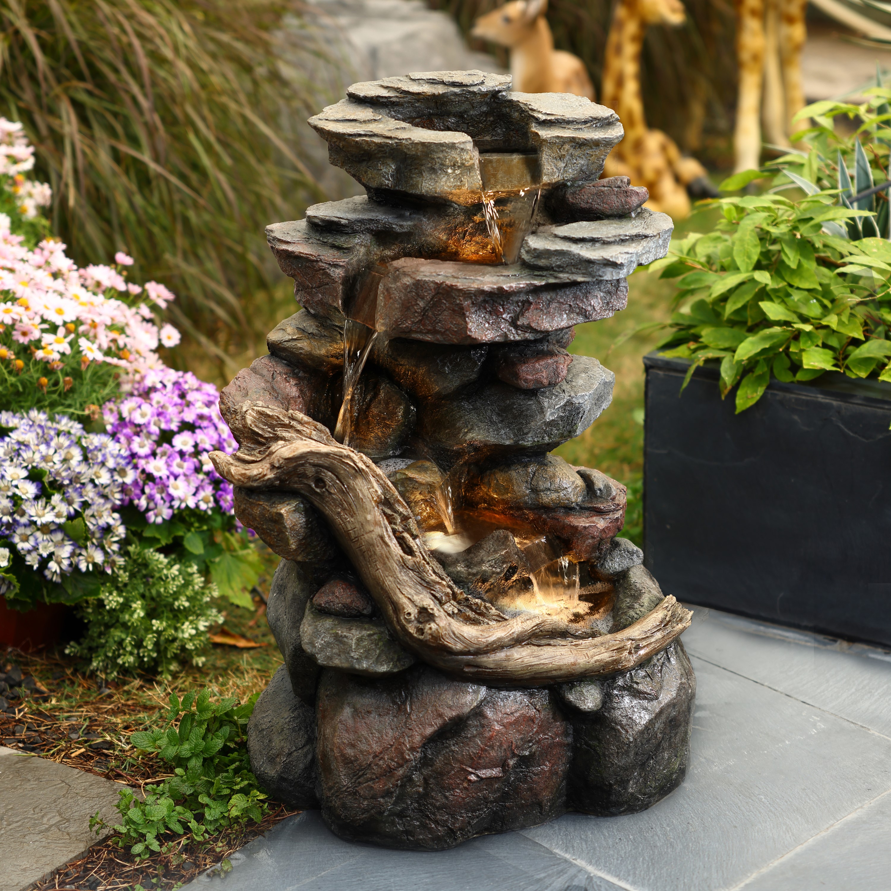 LuxenHome 29.53-in H Resin Rock Waterfall Outdoor Fountain Pump ...