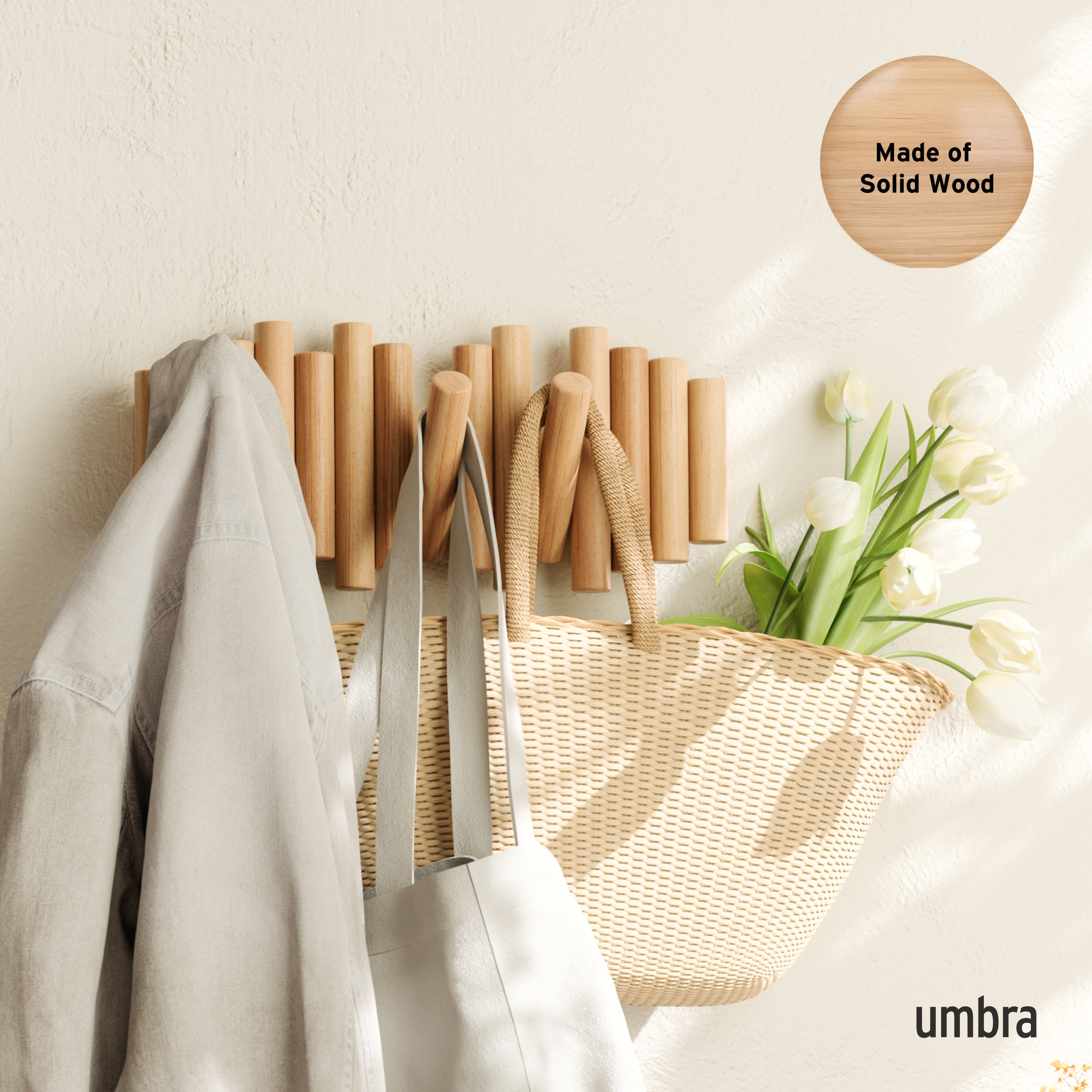 Beveled Pine Wood Wall Art with 5 Flip-Down Hooks