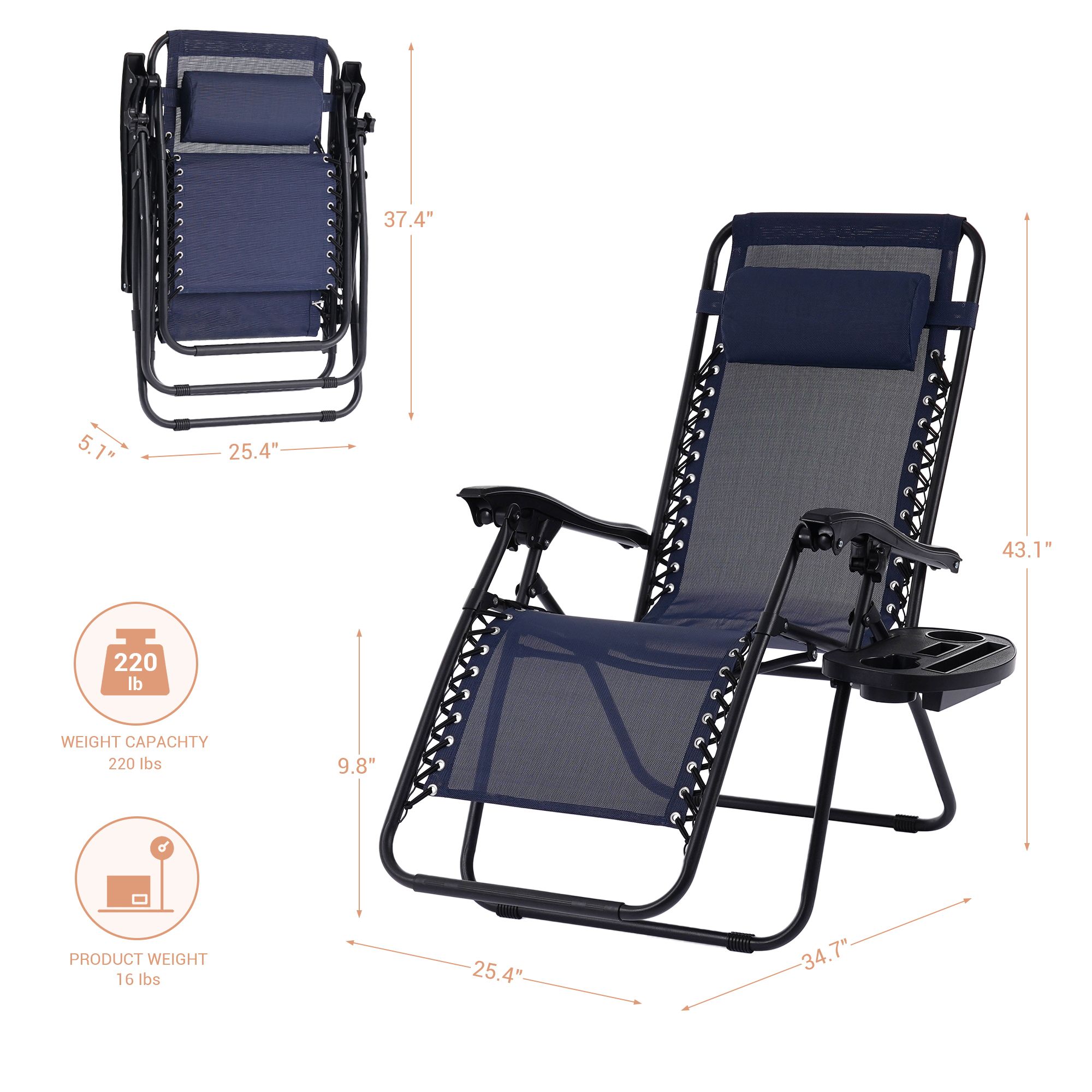 ACEGOSES Zero Gravity Chair Set of 2 Navy Metal Frame Stationary Zero ...