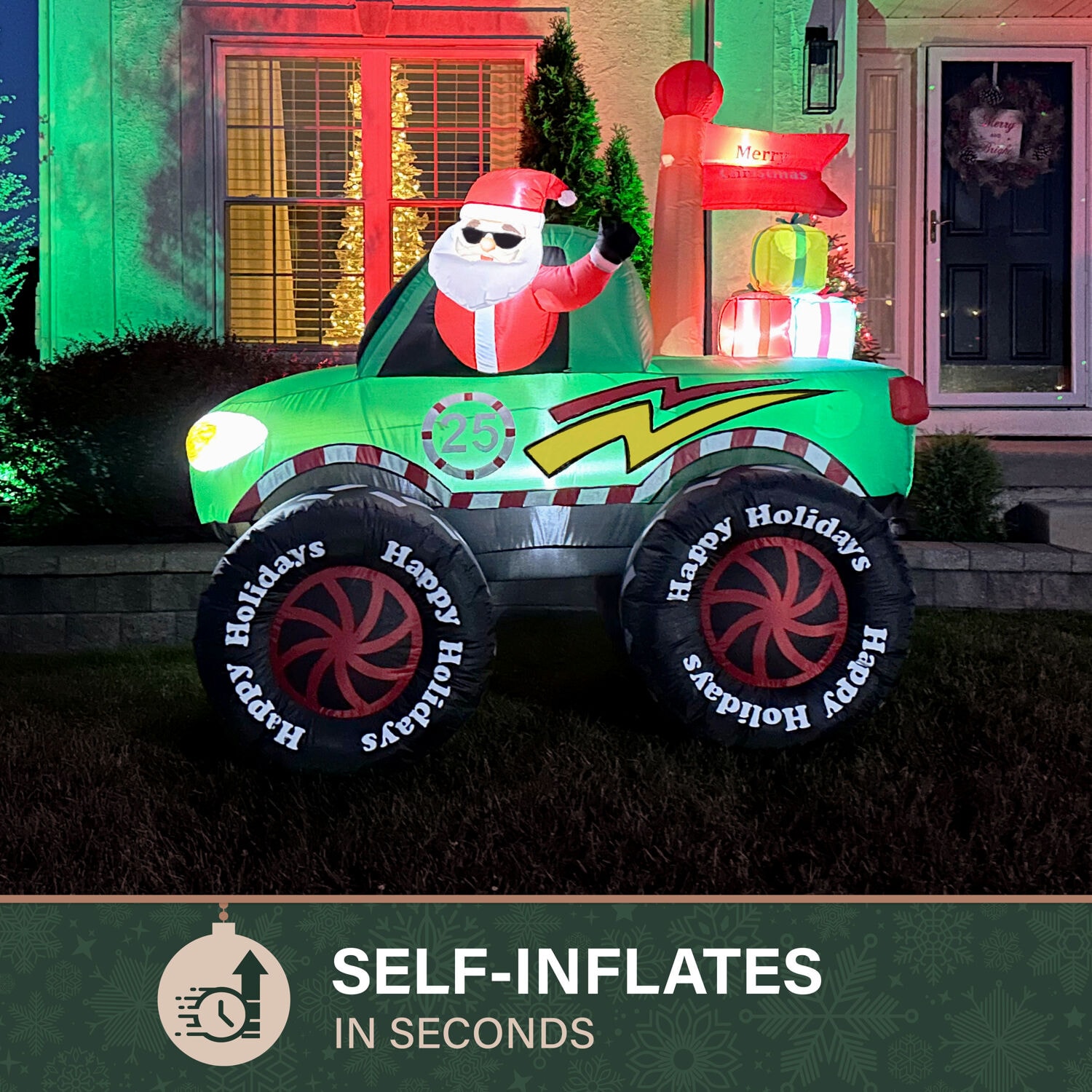 6-Ft Tall Pre-lit Santa in Green Monster Truck Inflatable