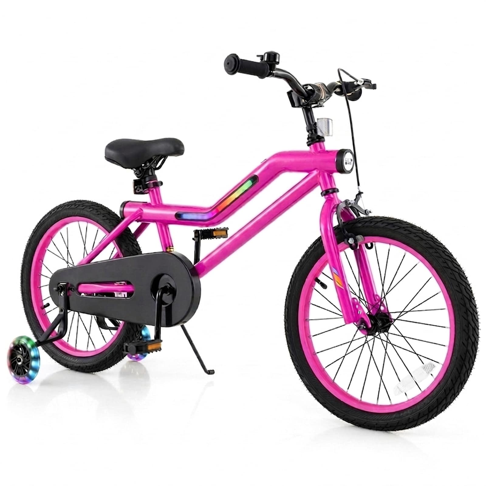 SUGIFT LED Lighted Kids Bike 16-in or 18-in Pink with 7-Color Wheel Lights Headlight Adjustable Saddle Dual Brakes Training Wheels for Ages 4-8