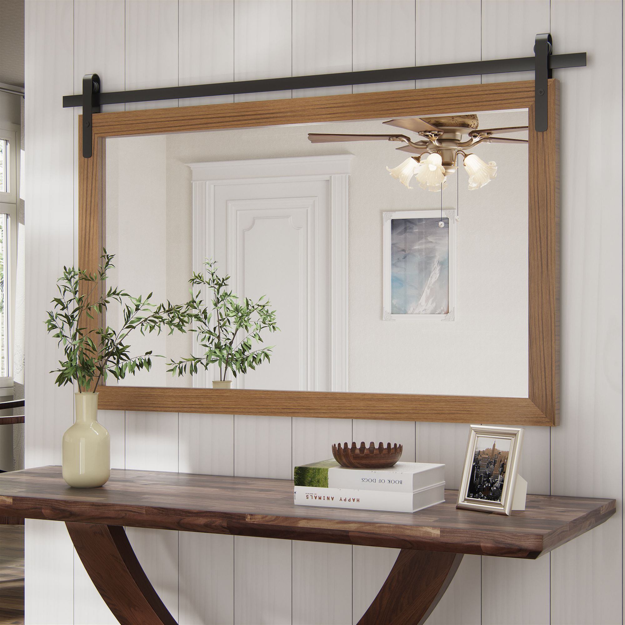 PRIMEPLUS 40-in W x 26-in H Warm Brown Modern Farmhouse Barn Door Wall Mirror