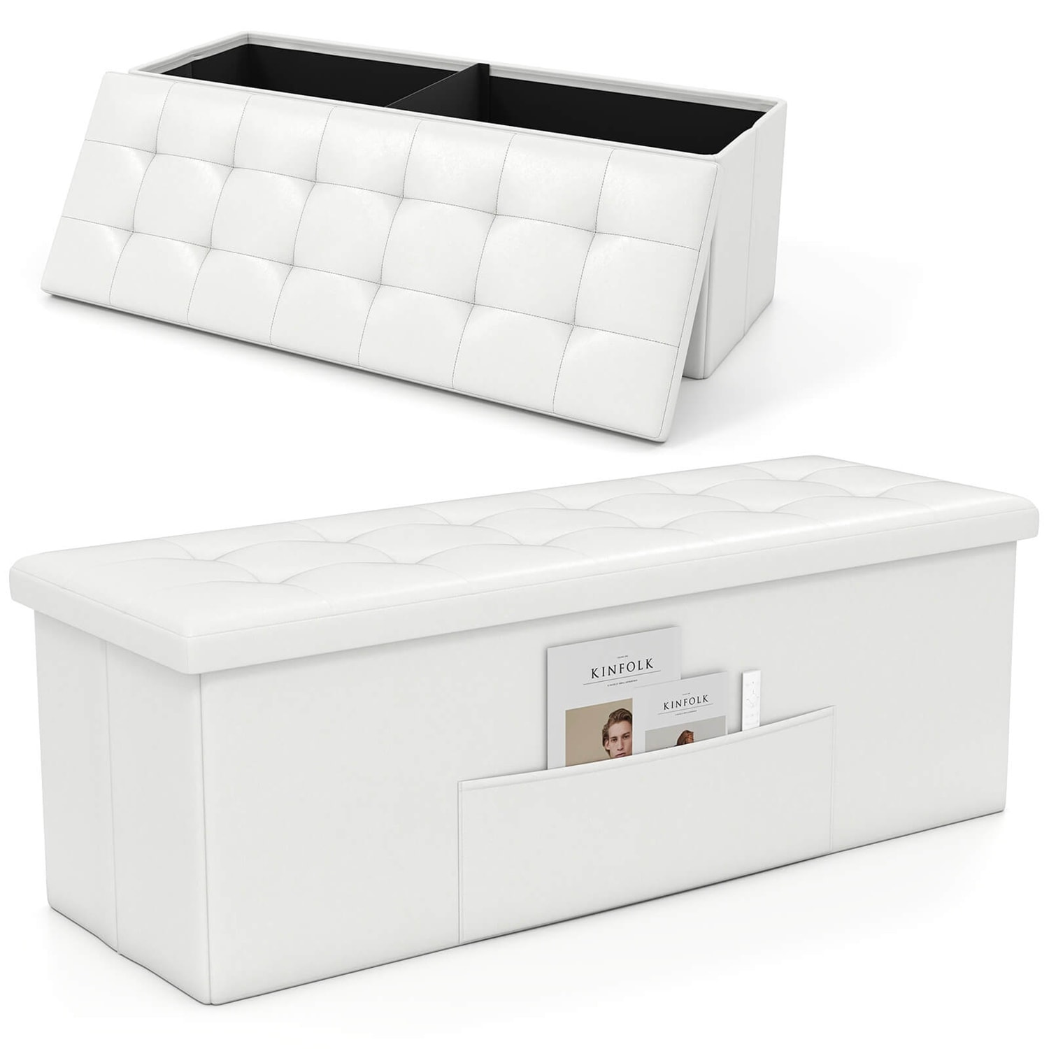 Costway  43 Inches Folding Storage Ottoman Bench Foot Rest Stool with Side Pocket White