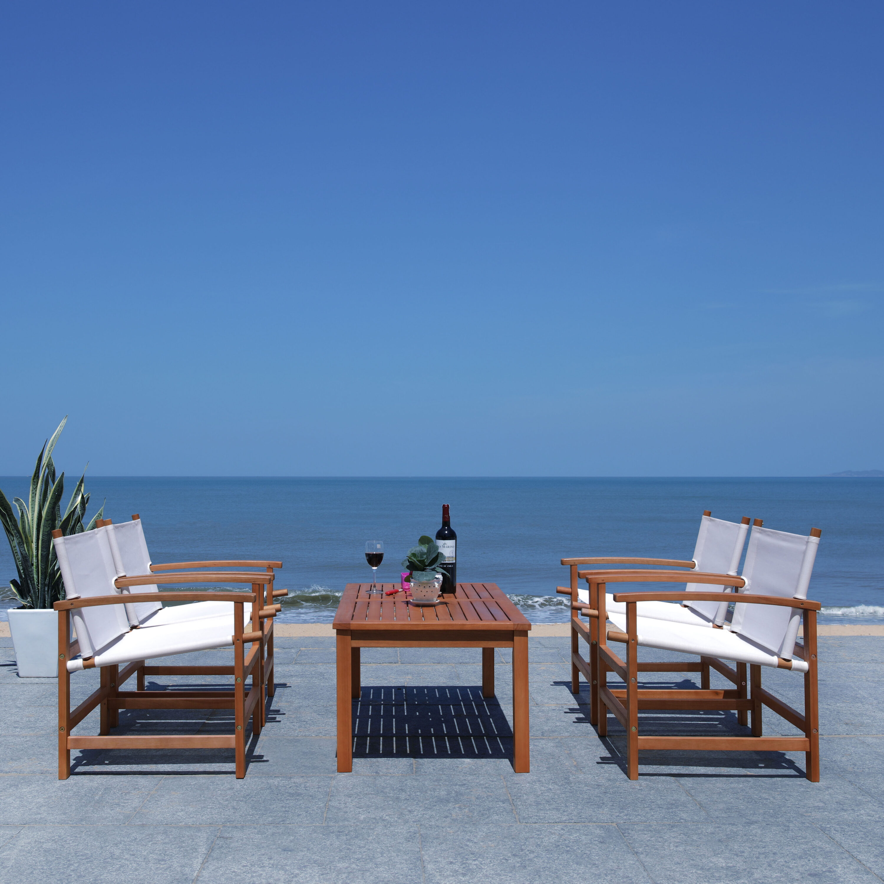 Natural Eucalyptus Wood Outdoor Dining Set with Beige Armchairs