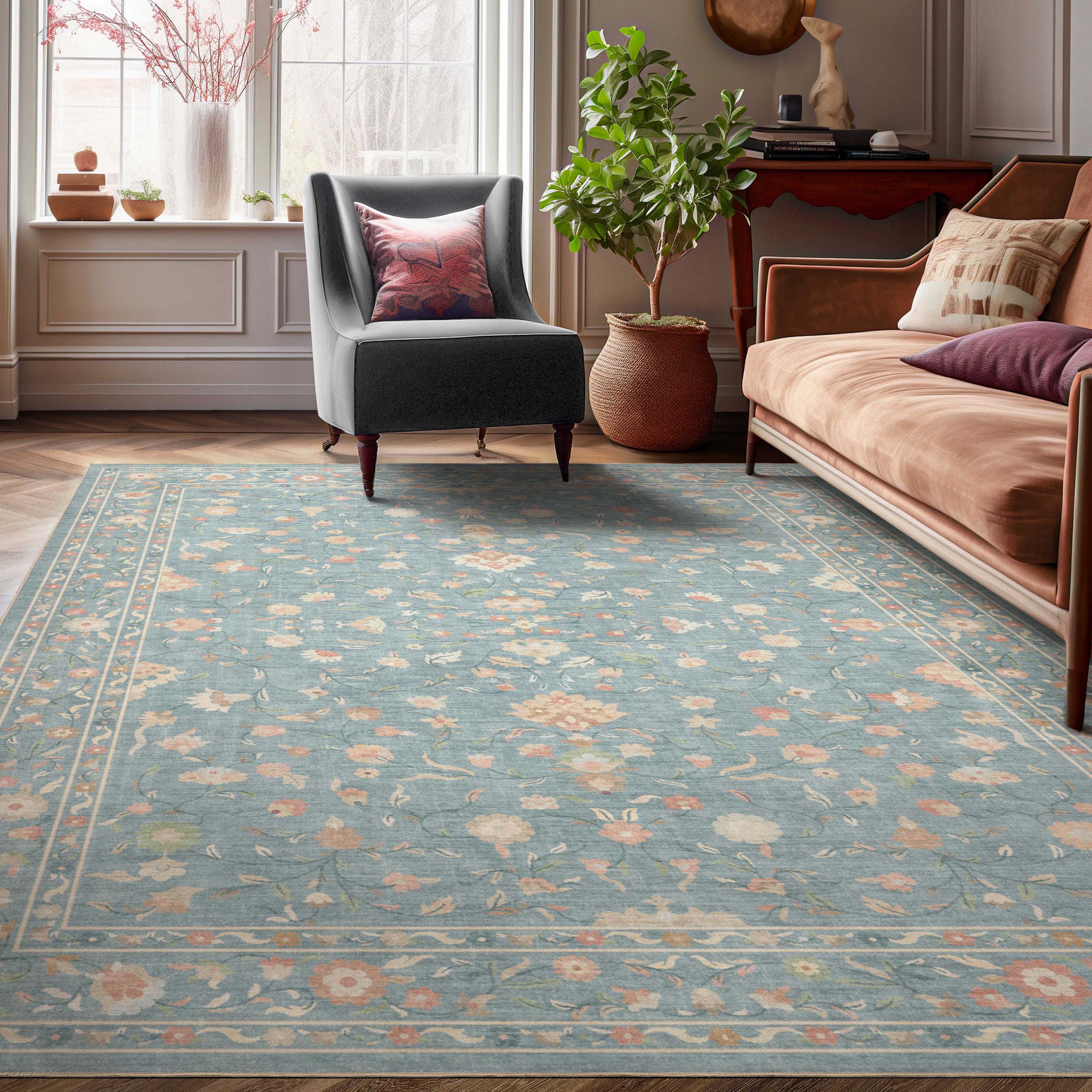 Well Woven W-AP-74B-6 Apollo Serapi 6 x 9 (ft) Polyester Blue Rectangular Indoor Floral/Botanical Persian Area rug