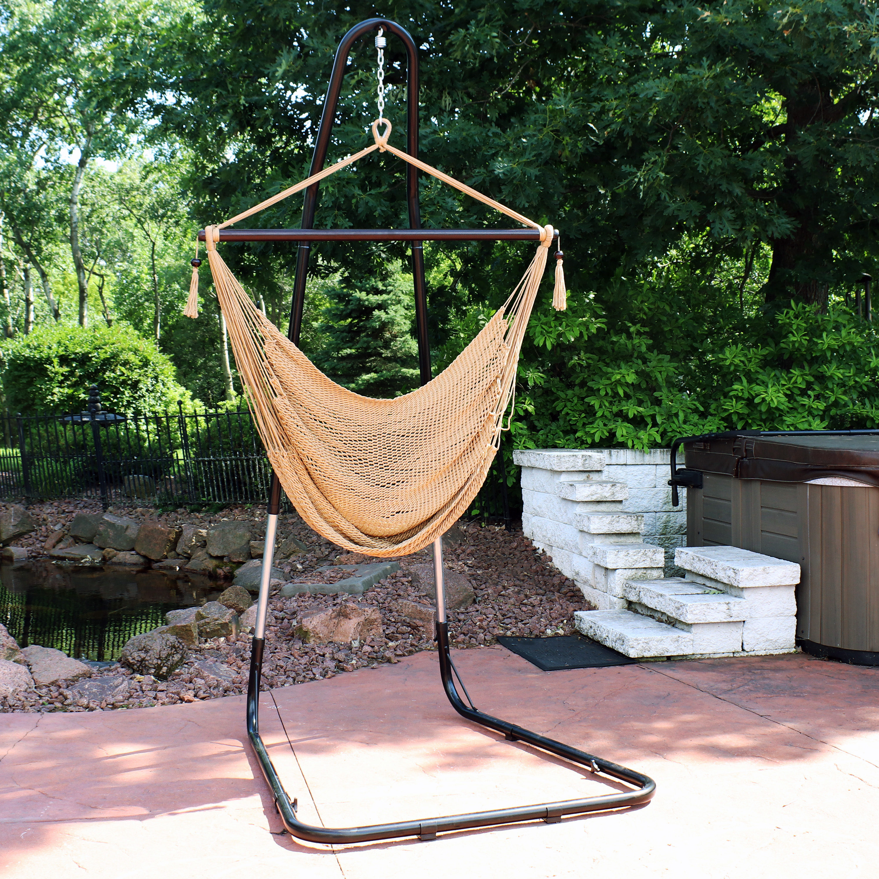 Yard for Indoor or Outdoor Patio Blue Sunnydaze Hanging Rope Hammock Chair Swing with Adjustable Stand and Bedroom Extra Large Caribbean Porch 