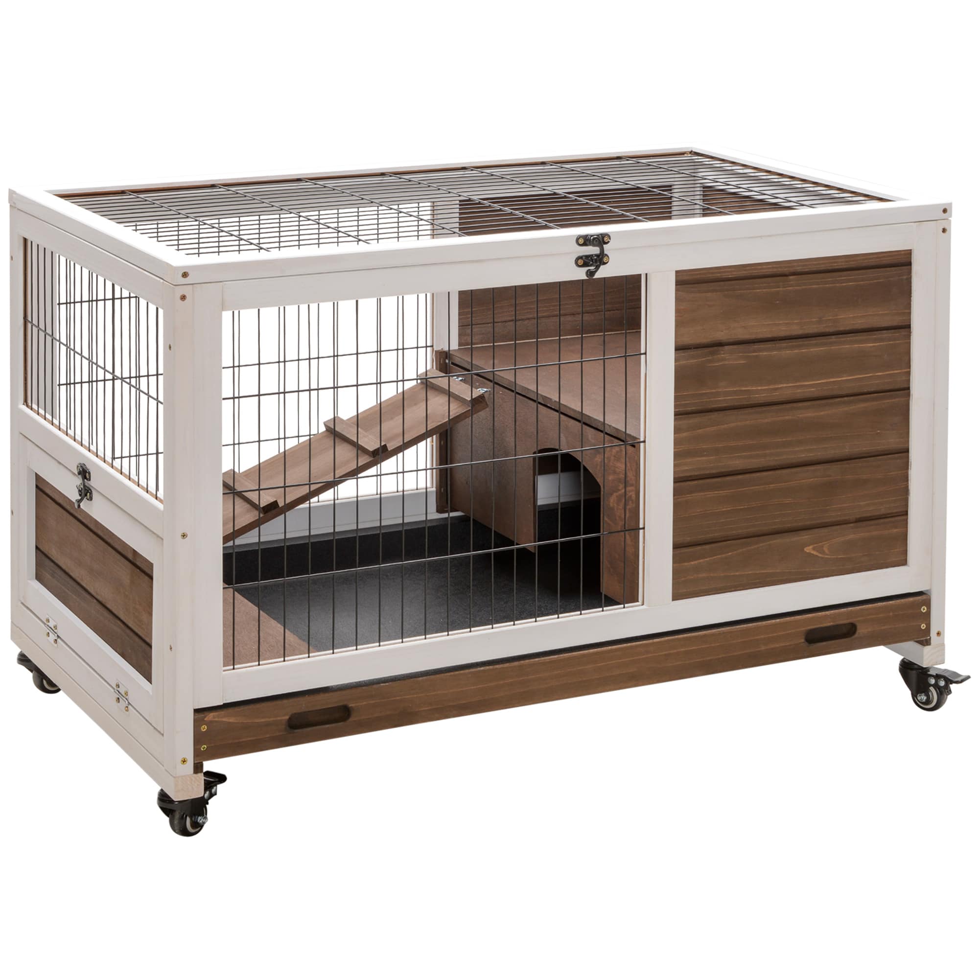 PawHut  Wooden Indoor Rabbit Hutch Elevated Cage Habitat with No Leak Tray Enclosed Run with Wheels Ideal for Rabbits and Guinea Pigs Brown