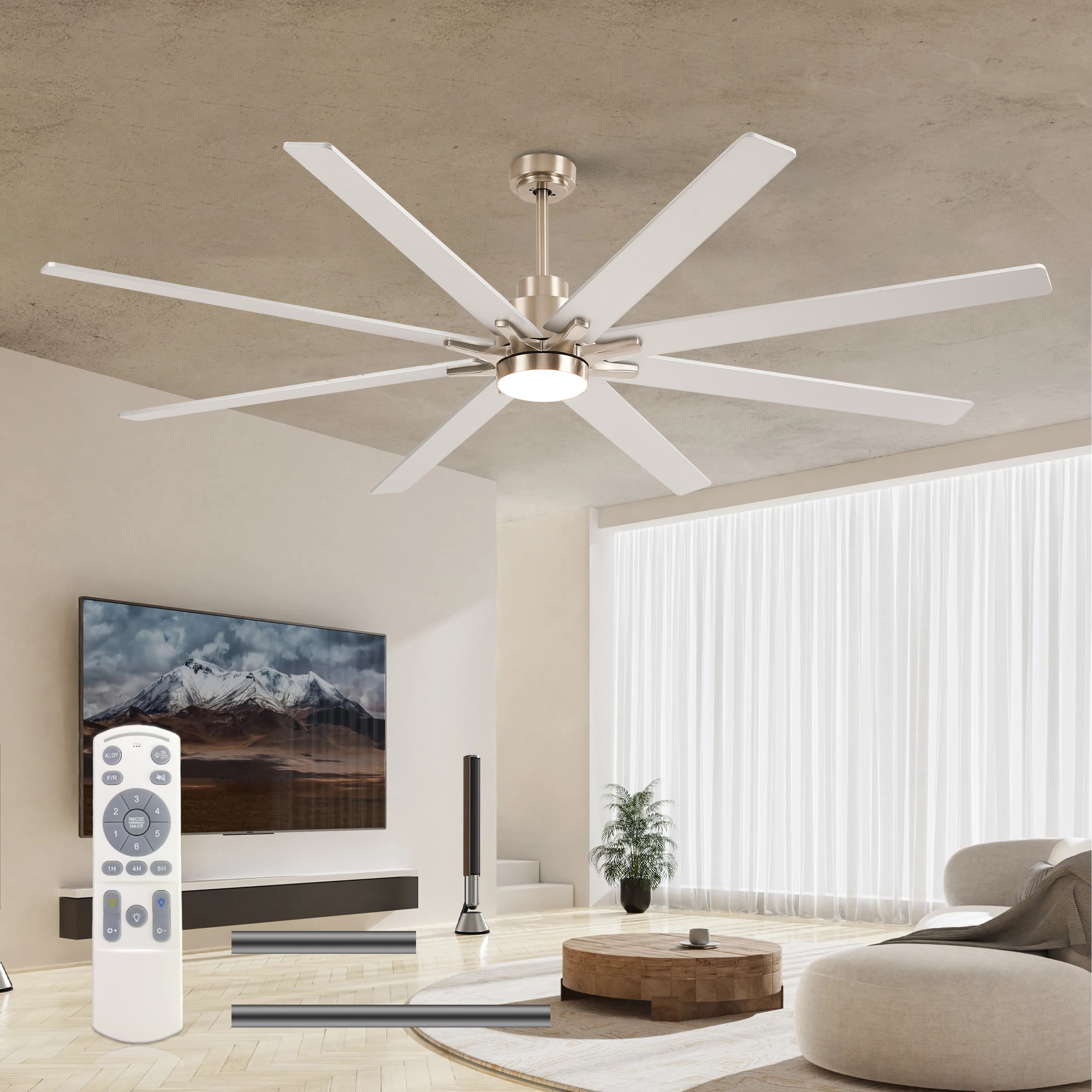 8 PCS Plywood Reversible Blades Ceiling Fan With Light Kit 3 Color Dimmable LED DC 6 Speed Remote Control Ceiling Fan 84INCH Sliver and Nickel