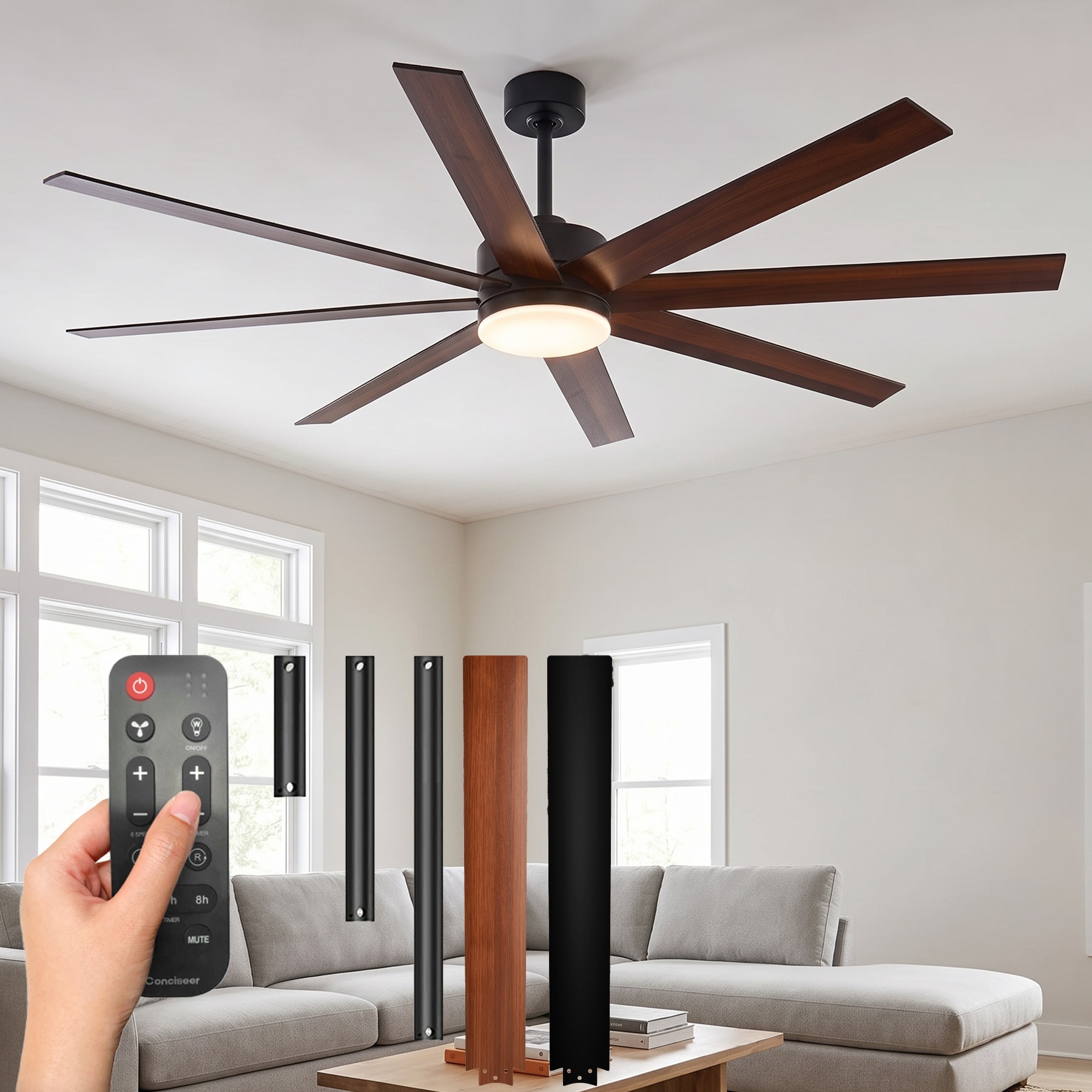 Wooakway Wooakway 72-in Matte Black 8-Blade Downrod Mount Ceiling Fan with 24W LED Light Reversible Black and Wood Grain Blades 6-Speed Reversible Motor and Remote Control