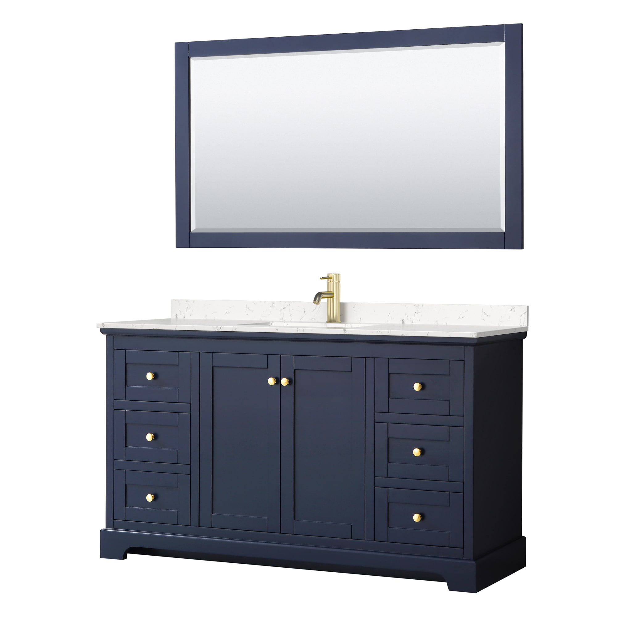 Wyndham Collection WCV232360SBLC2UNSM58 Avery 60-in Dark Blue with Brushed Gold Trim Undermount Single sink Bathroom Vanity with Carrara Cultured Marble Cultured marble Top (Mirror Included)