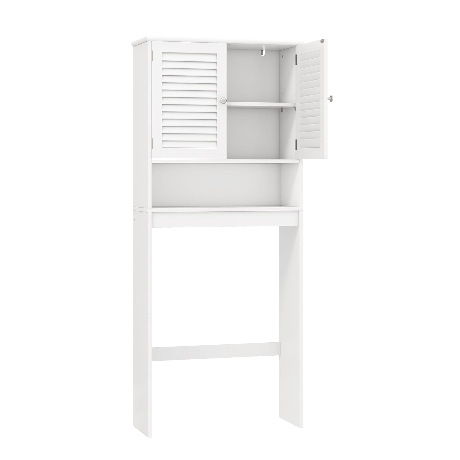 Slickblue 3 Shelf Over the Toilet Storage Cabinet with Louvered Doors and Open Compartment for Towels Toiletries and Supplies White 26 in W x 10 in L x 63 in H