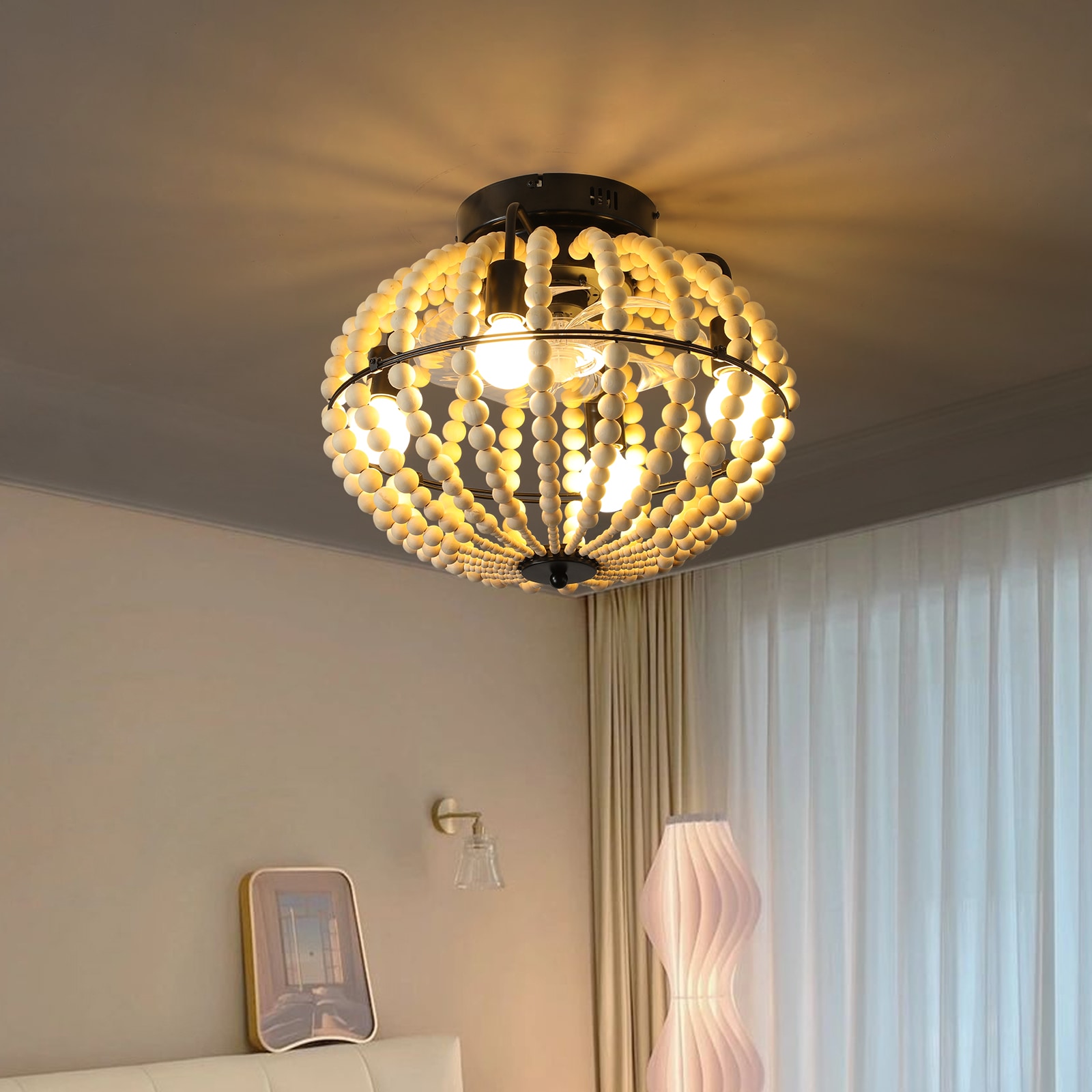 LUXEYARD - 18Inch Bohemian Wood Beaded Ceiling Fan with Light Flush Mount Caged Ceiling Fan Rus...