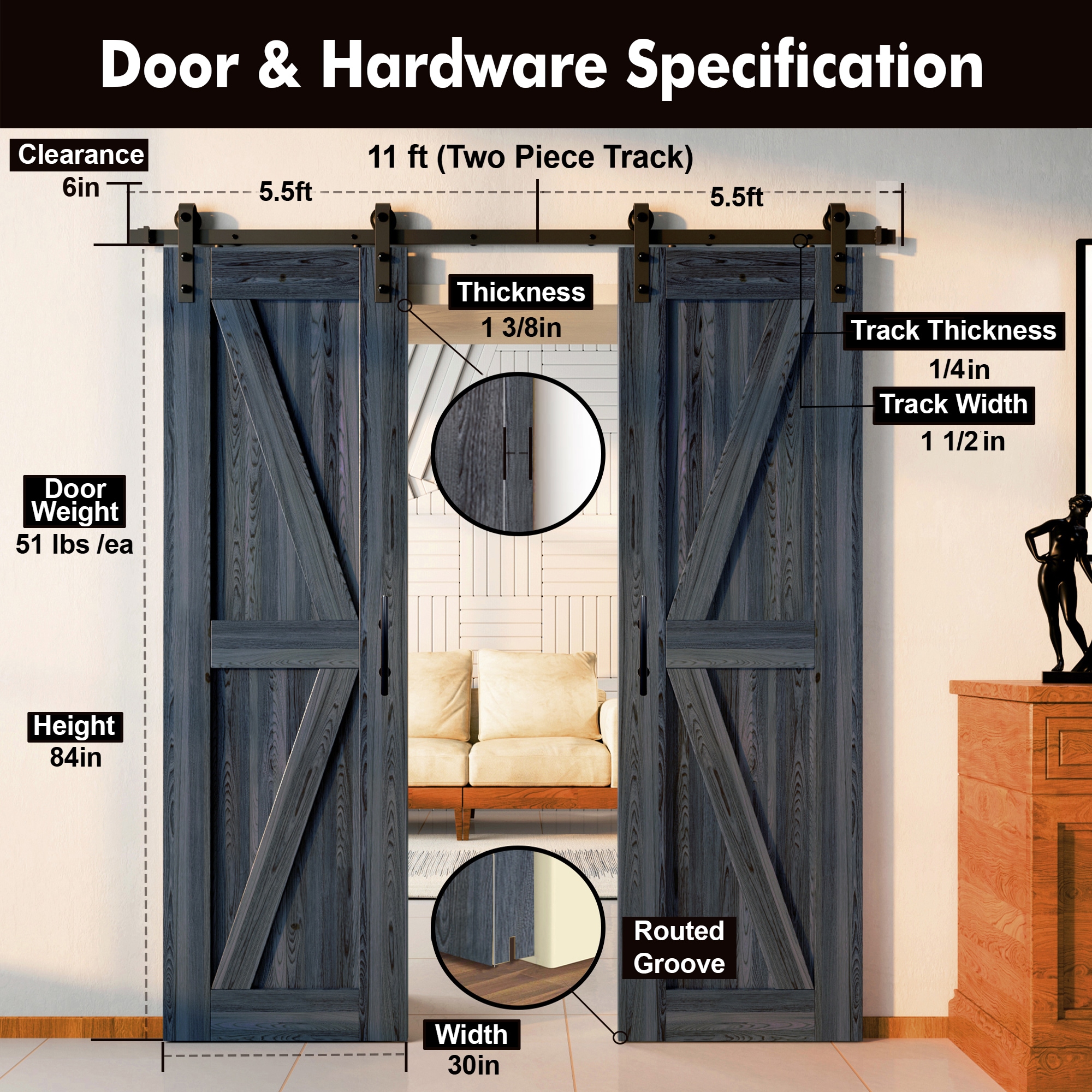 HOMACER YT2TGH132C-3084-K-NA Barn-Doors - View #7