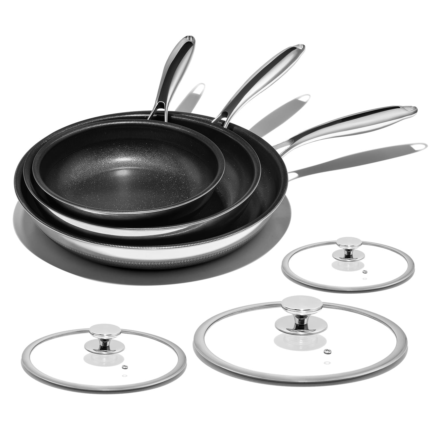 DHMHD Nonstick Frying Pan Set 8 inch 10 inch 12 inch Titanium Ceramic Skillet with Lid Stay Cool Handle Dishwasher Oven Safe Compatible with All #LDH0821X348