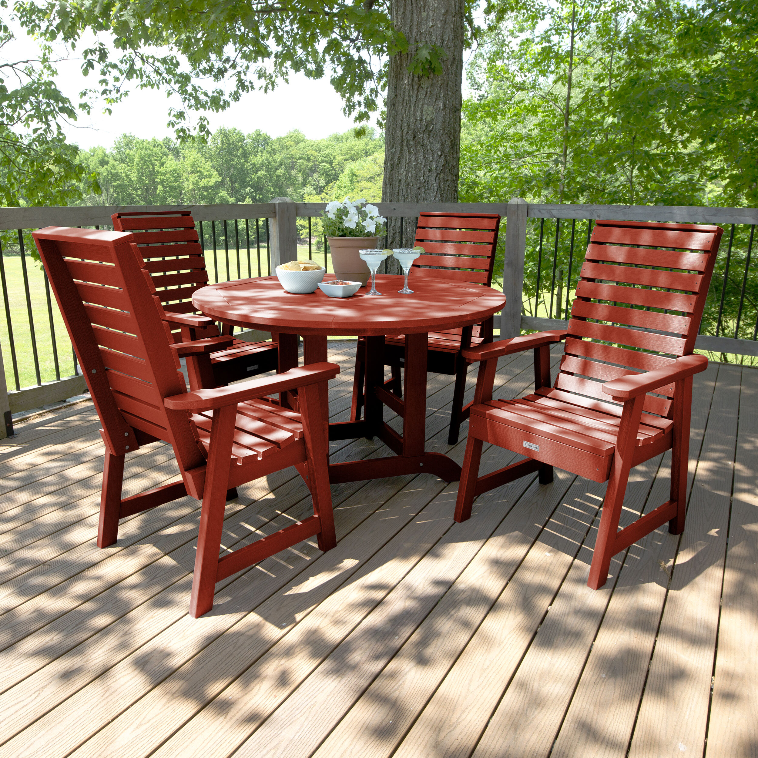 highwood AD-DNW48-RED Weatherly 5 -Piece Rustic Red Patio Dining Set Plastic Round Table with 4 Stationary Chairs