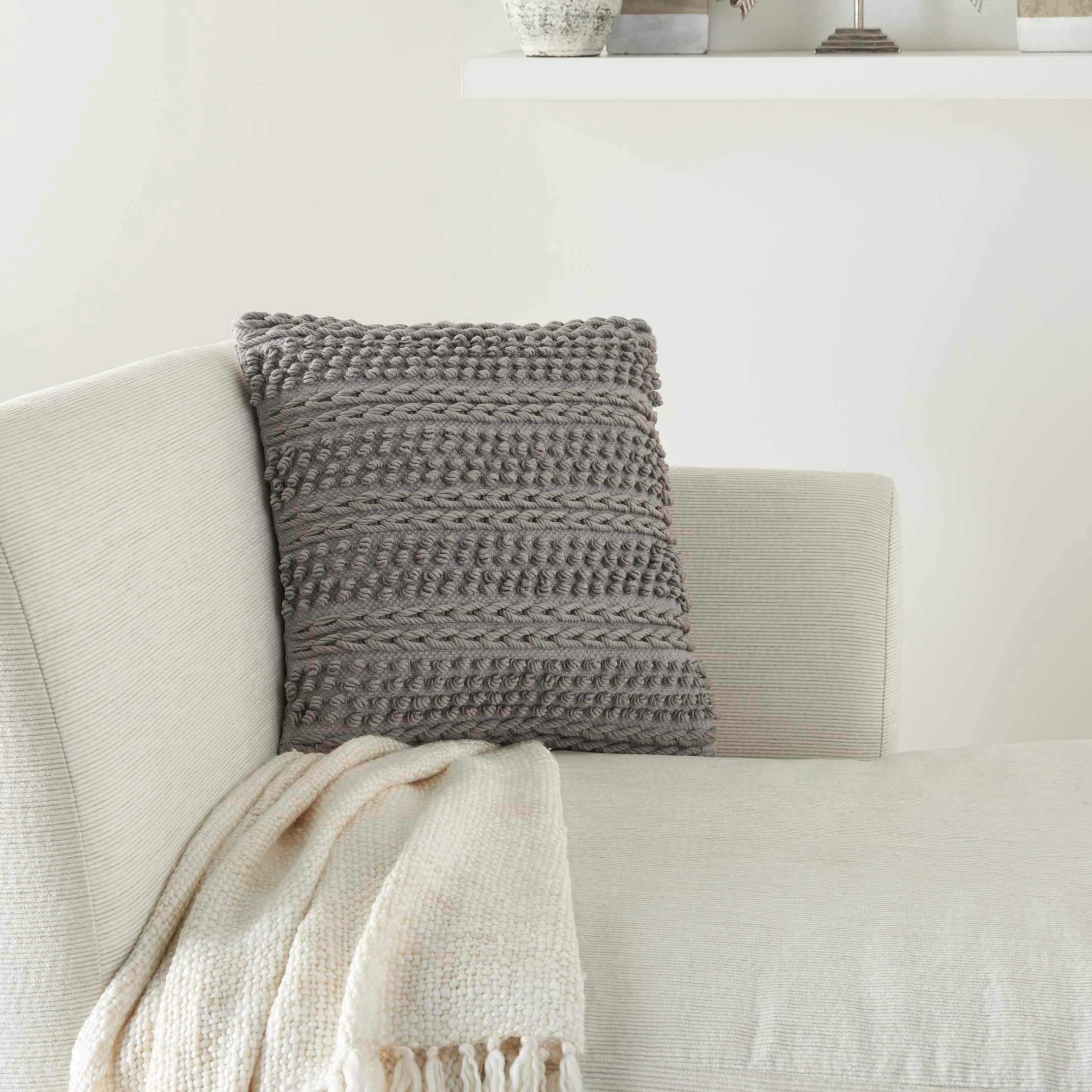 18" Light Gray Woven Striped Cotton Throw Pillow