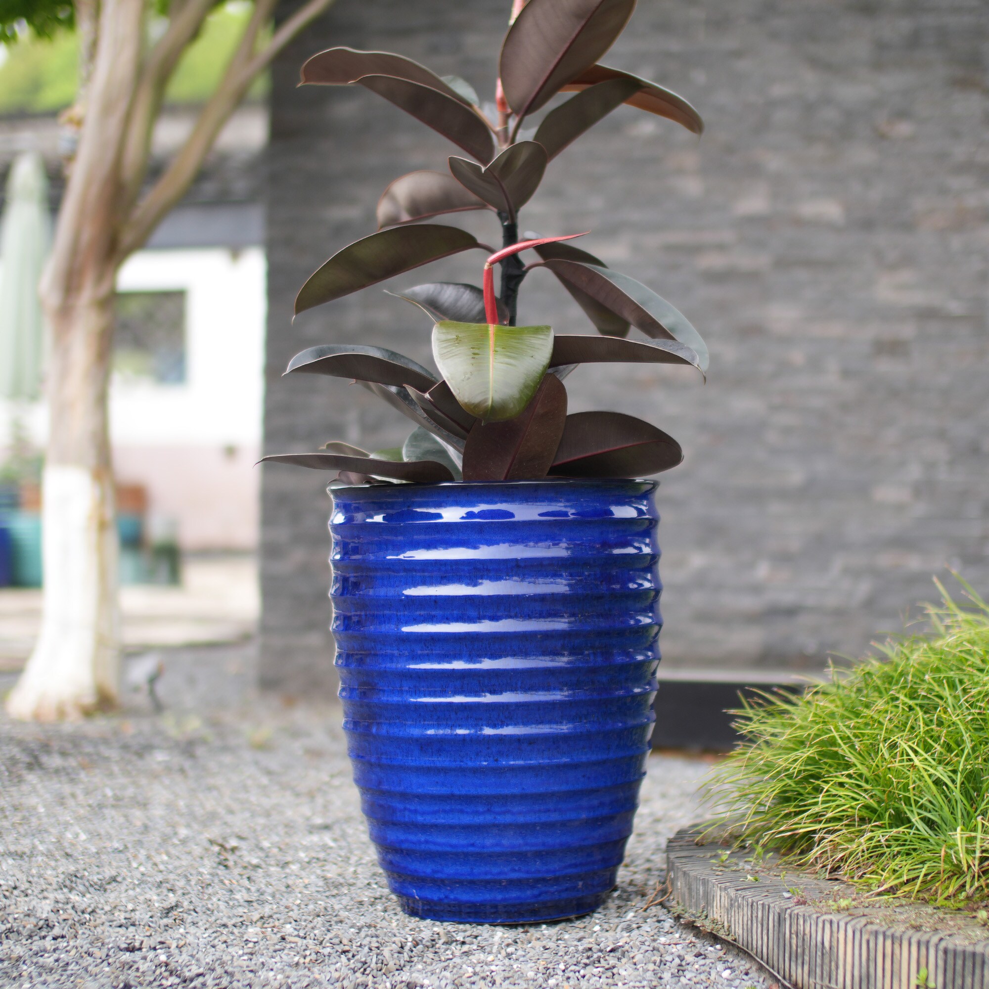 Tinyhomie Handmade Sapphire Blue Ceramic Planter 17 Inch Diameter 1 Piece Horizontal Ripples Pattern for Monstera and Fiddle Leaf Fig Indoor and Outdoor Doorway Use Breathable Clay
