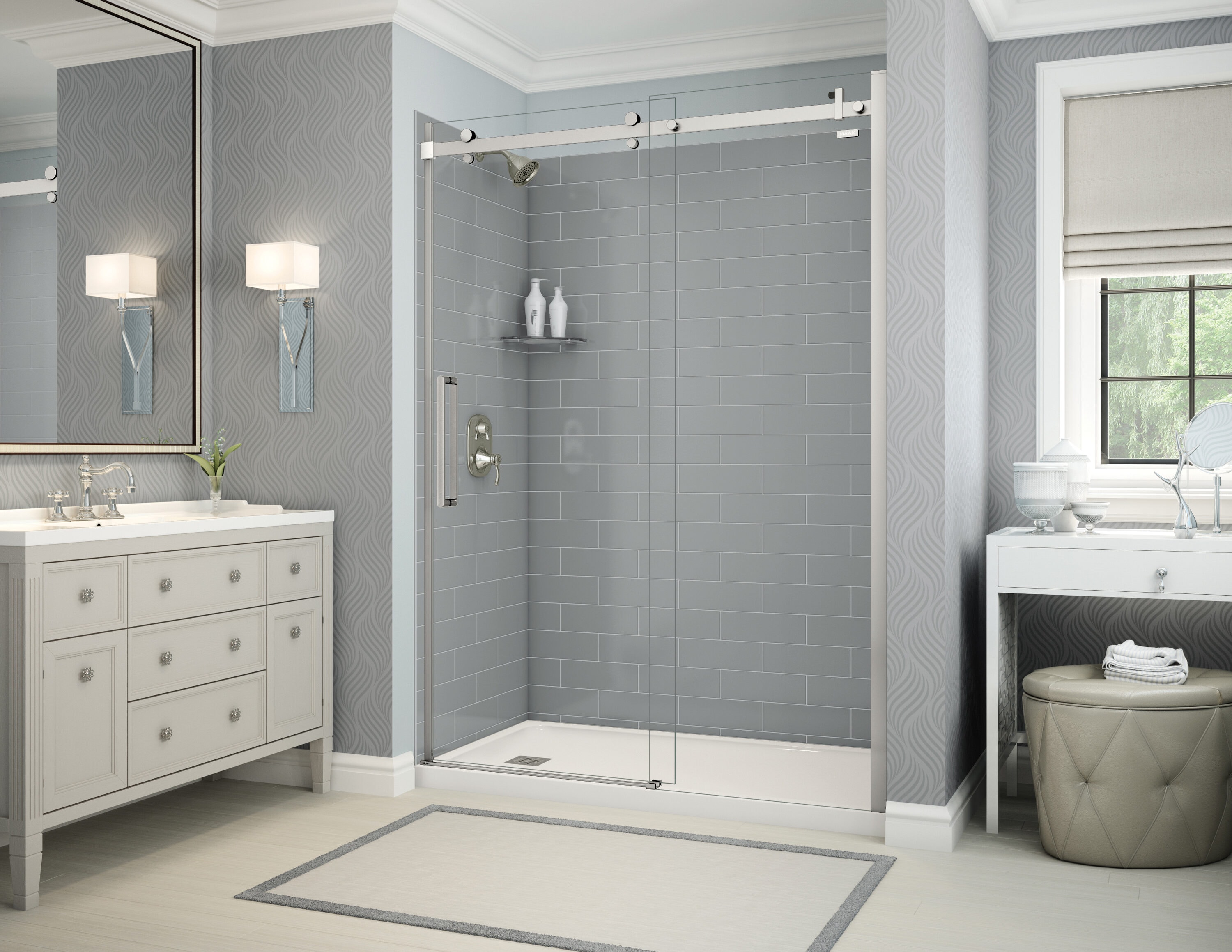 MAAX 106375-301-501-101 Utile 5 -Piece 32-in W x 60-in L x 83-in H Rectangular Alcove shower kit ( Left Drain) Base, Wall, Door and Drain Included Chrome Hardware Included