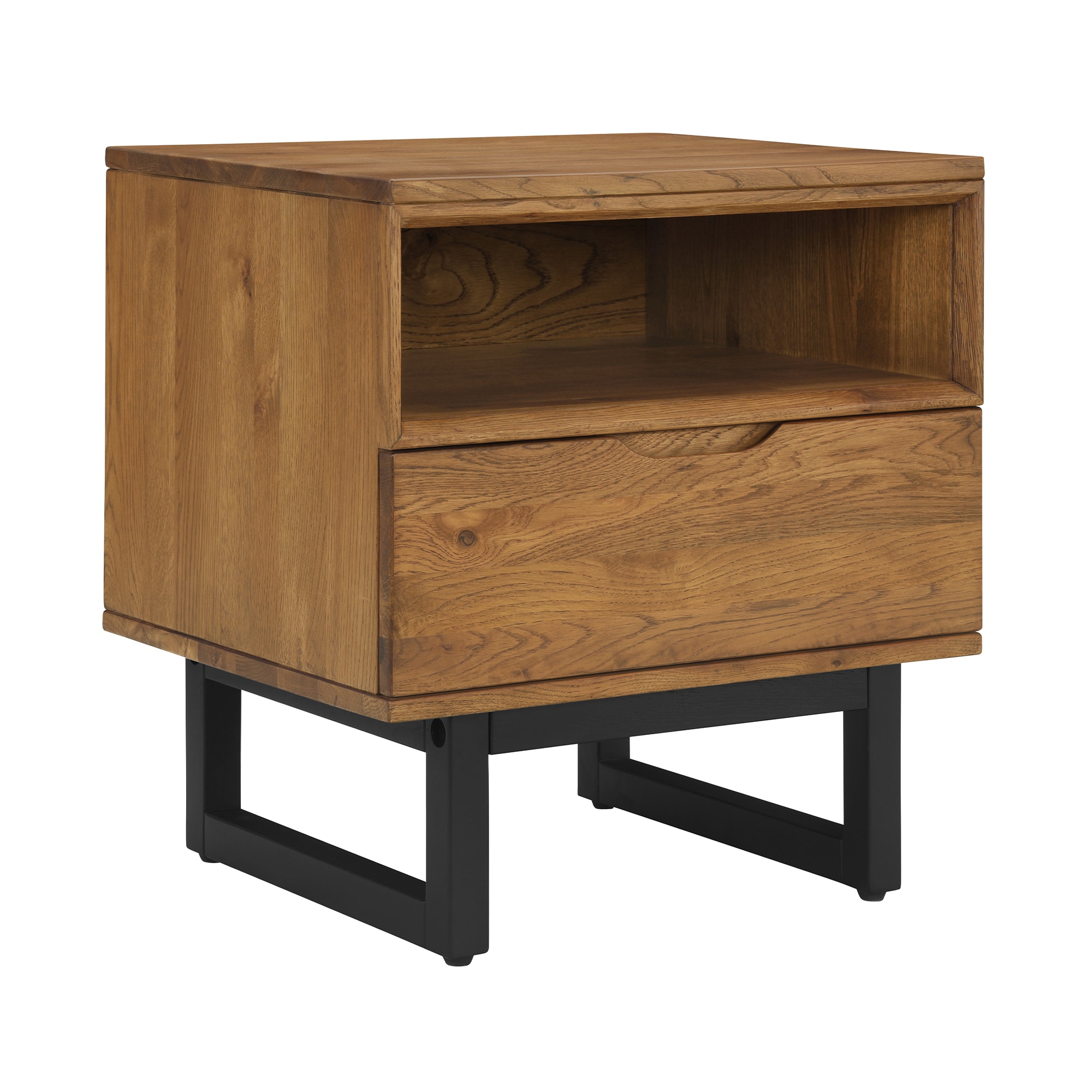 Brown Oak Wood Nightstand with Black Metal Base and Drawer