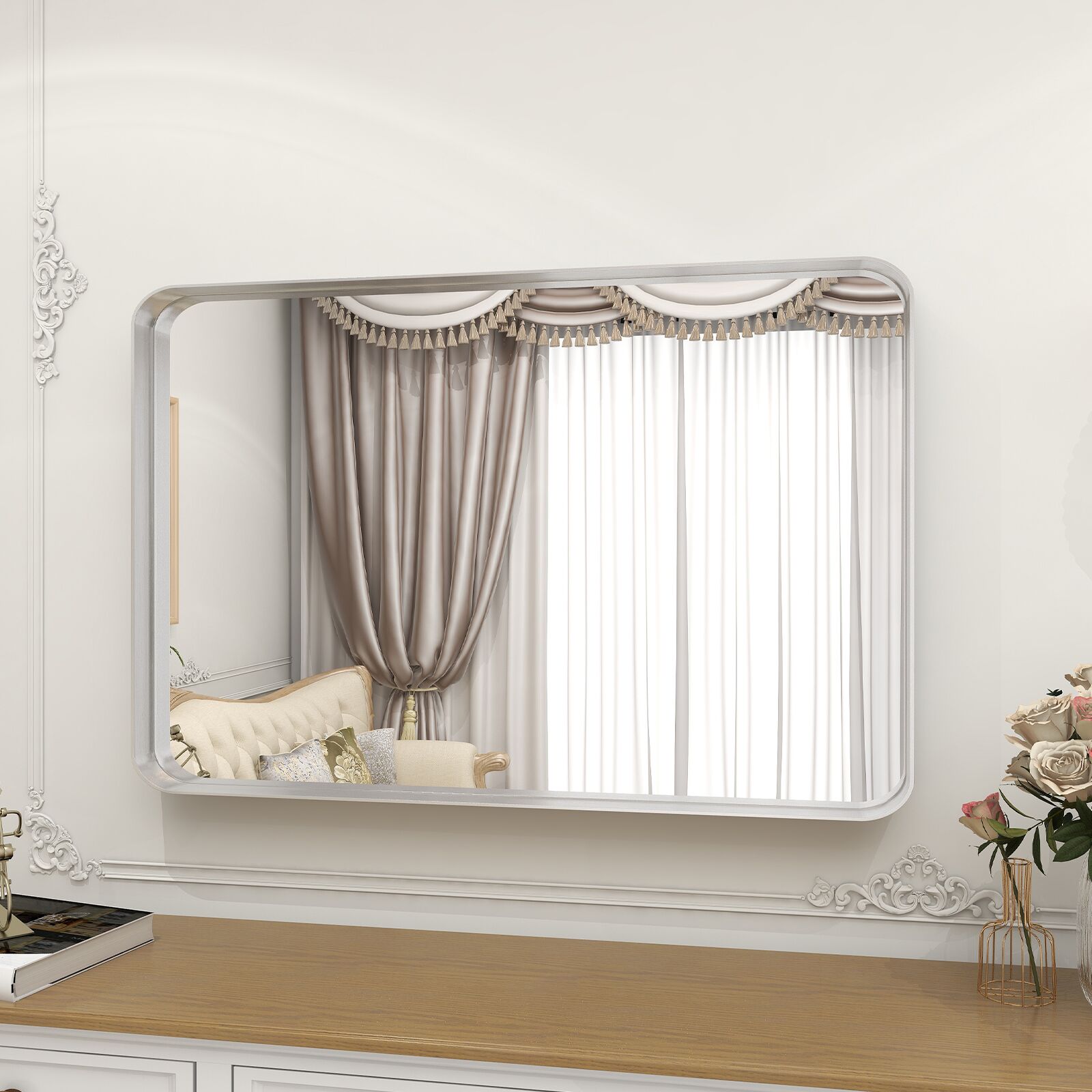 BEAUTYPEAK LS-YSJ-REAJ2436-S 23.6-Inches W x 35.4-Inches H Rectangle Silver Framed Wall Mirror