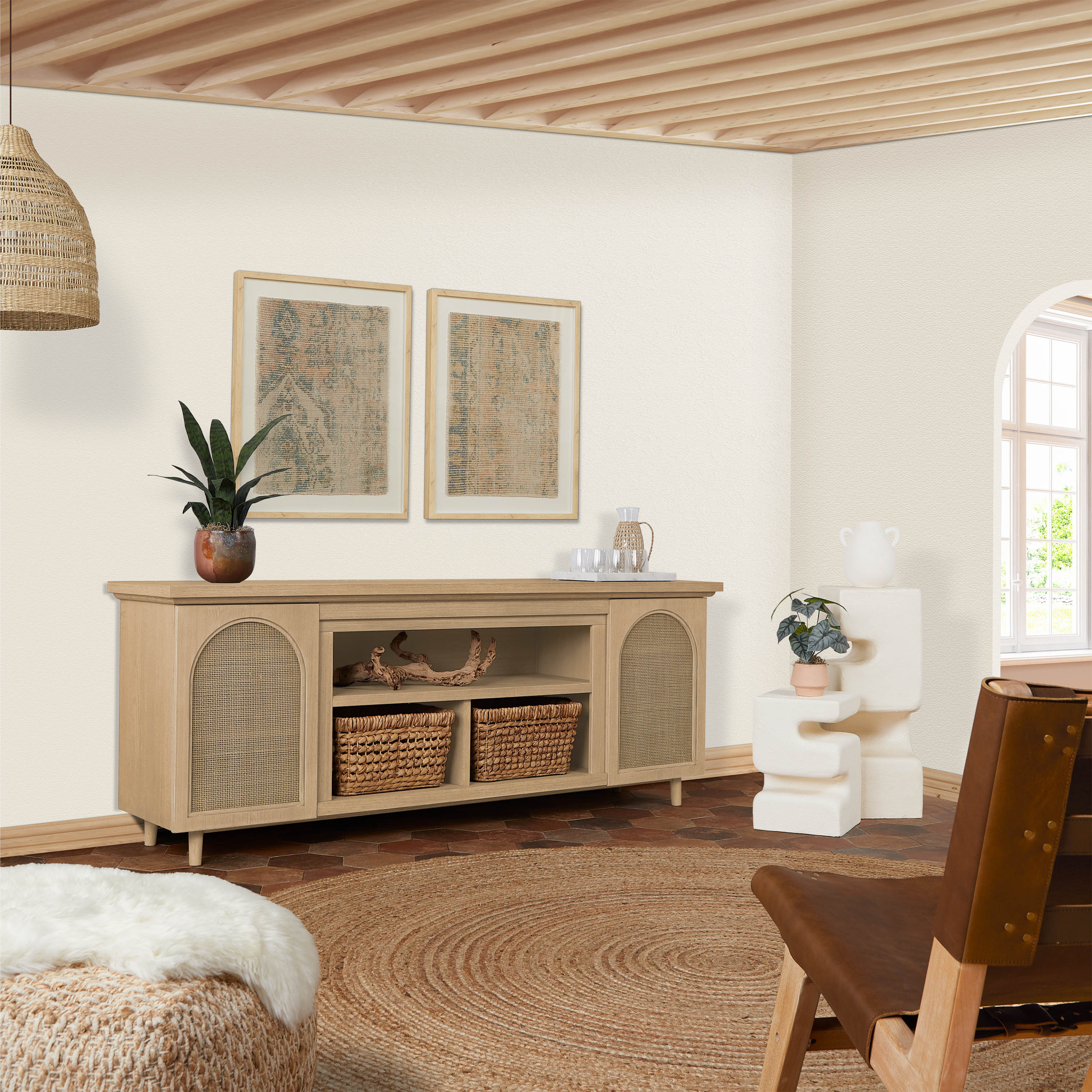 Dahlia 76" White Oak TV Stand with Fireplace and Cabinet