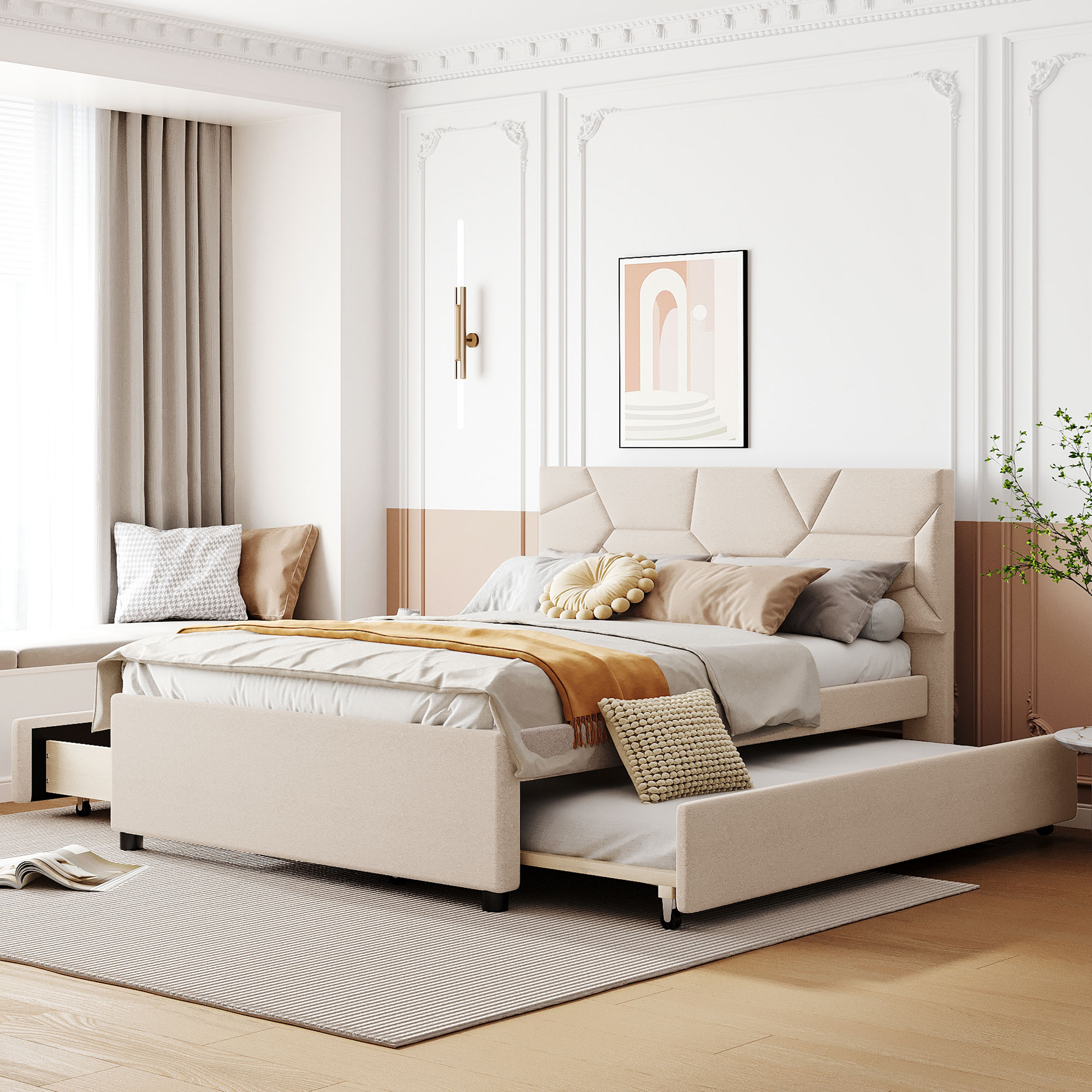 ModernLuxe L3P-SF000233AAA Full Size Upholstered Platform Bed with Brick Pattern Headboard with Twin Size Trundle and 2 Drawers Linen Fabric Beige