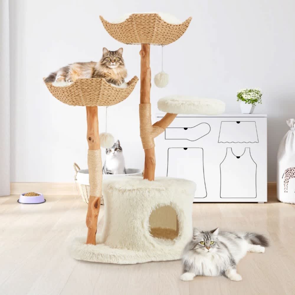 U-HOMY White Tall Multi-level Cat Tree with Hand-woven Baskets and Cat Condo #ZZ-009WH-CT