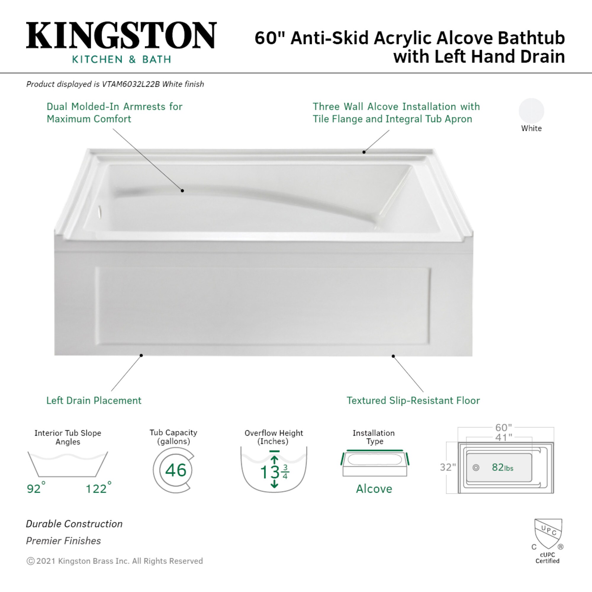 Kingston Brass WLVTAM6032L22B bathtubs - View #3