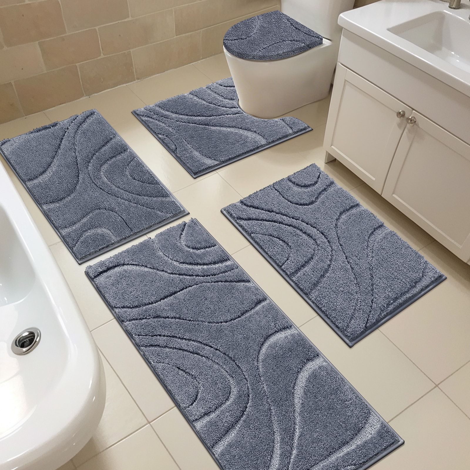 HEBE  5 Piece Bathroom Rugs Sets Dark Gray Absorbent Microfiber Bath Rug Set with Non-Slip Backing